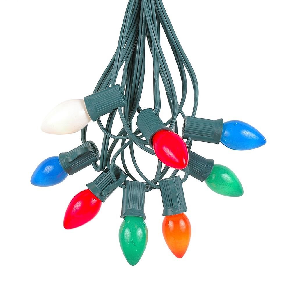 C7 Multi-Color Ceramic Christmas Lights Set - 25ft Green Wire Indoor/Outdoor String Lights with Opaque Bulbs - Perfect for Holiday Decorations, Tree Trimming, and Outdoor Lighting