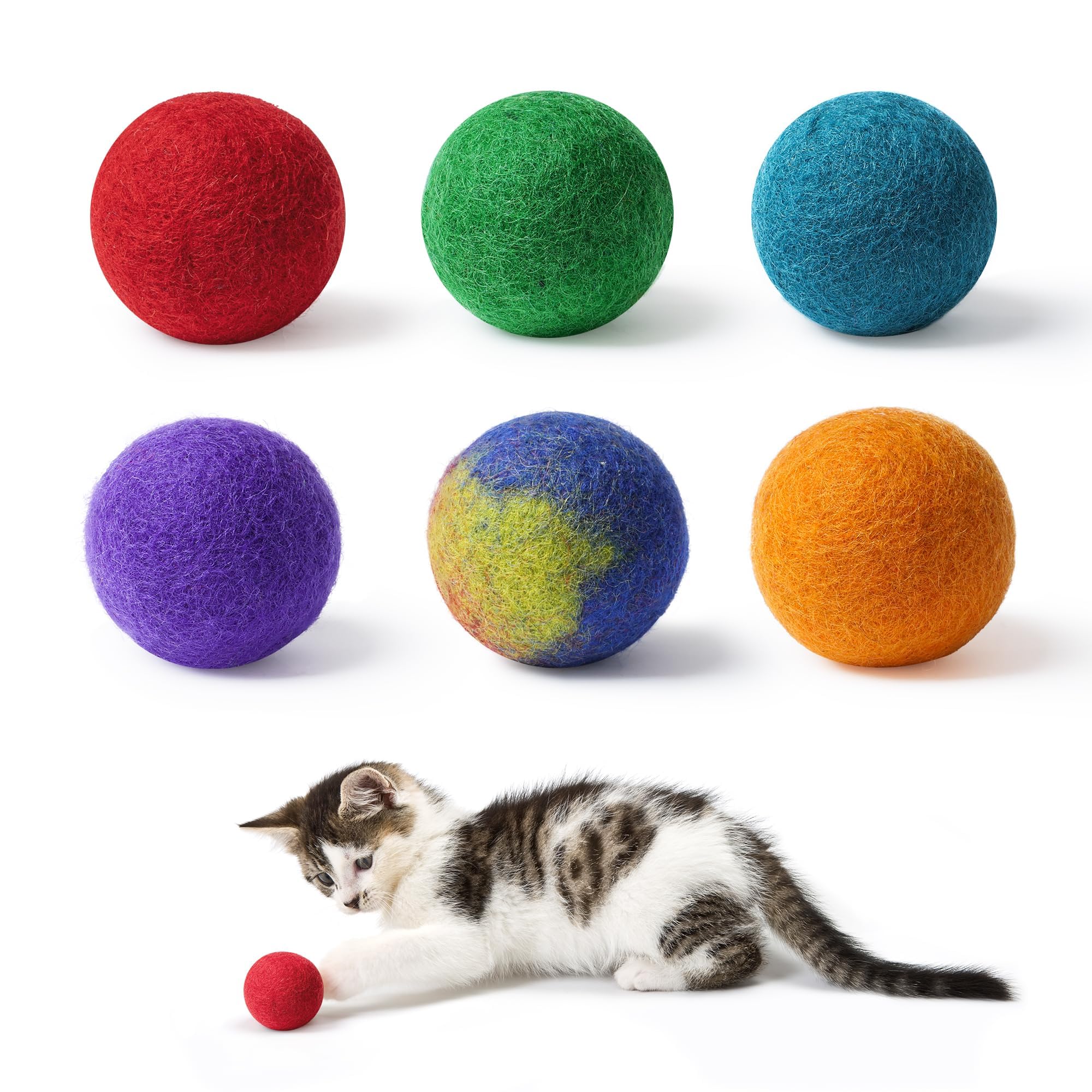 MEWOOFUN 6-Pack Handmade Wool Cat Ball Toys - Safe, Soft & Colorful Felt Balls for Cats & Kittens, 1.57 Inch Pet Play Toys - Perfect for Indoor Play, Exercise & Interactive Fun (Handcrafted in Nepal)