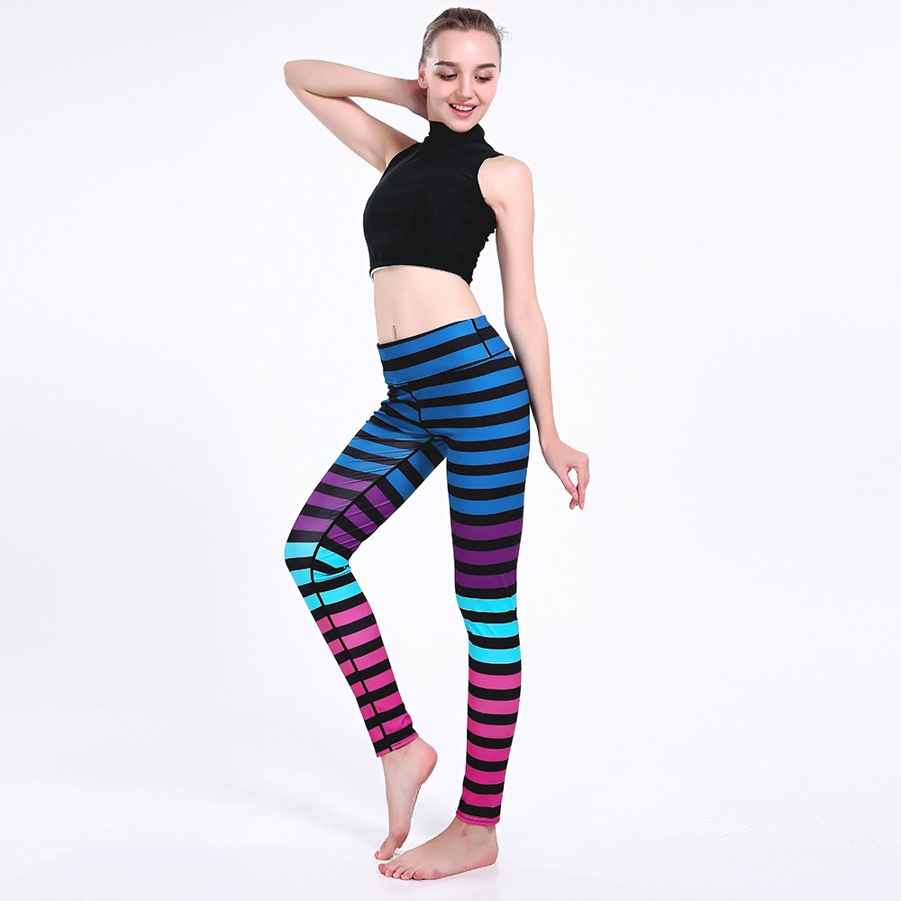 Women's High Waisted Striped Yoga Pants with Tummy Control - Ankle Length Workout Leggings for Running, Gym & Lounge Wear
