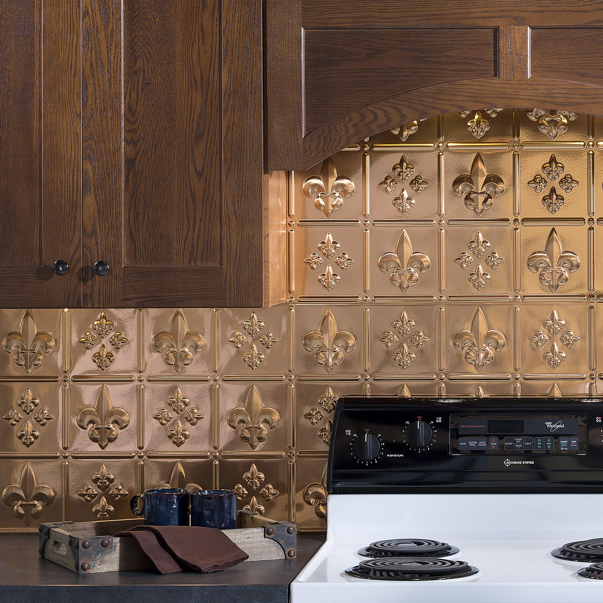 Fleur-de-Lis Decorative Vinyl Backsplash Panel - 18x24 Inch Peel & Stick Wall Decor - Polished Copper Finish (5 Pack) - Perfect for Kitchen Backsplash, Bathroom Accent Wall & Home Decor