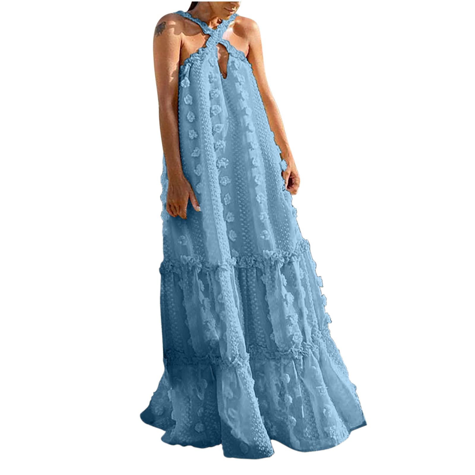 Women's Summer Halter Neck Sleeveless Bohemian Chiffon Long Sun Dress - Loose Flowy Ruffle Swing Maxi Dress for Beach, Vacation & Outdoor Parties