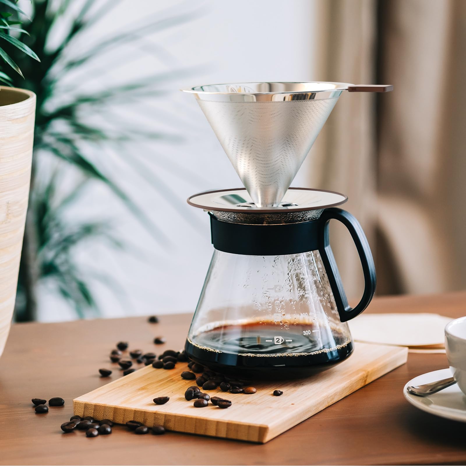 Stainless Steel Pour Over Coffee Maker with Reusable Filter - Drip Cone Brewer for 3-4 Cups, Non-Slip Handle & Rubber Ring - Perfect for Home, Office & Camping Coffee Brewing