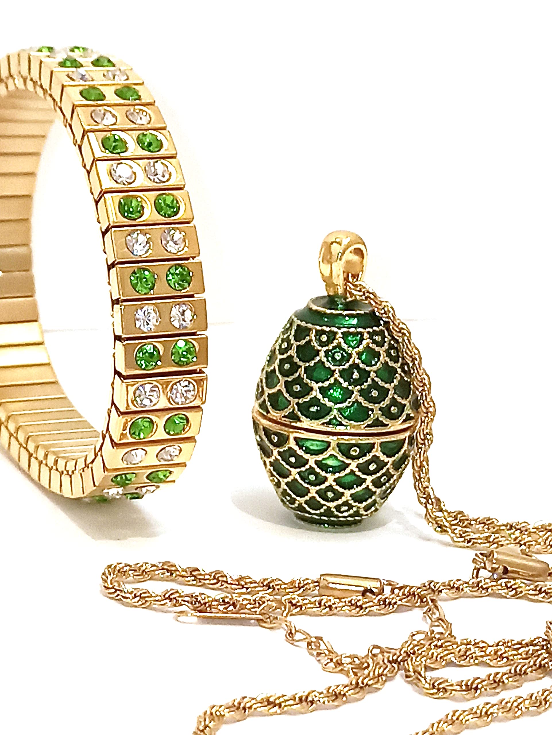 Handmade Russian Faberge Egg Jewelry Set - Emerald Necklace & Bracelet Gift for Women, Teens, Girlfriend, Sister, Daughter, Niece | 24K Gold Plated Special Occasion Jewelry for Birthdays, Anniversaries, Christmas & Graduation Gifts