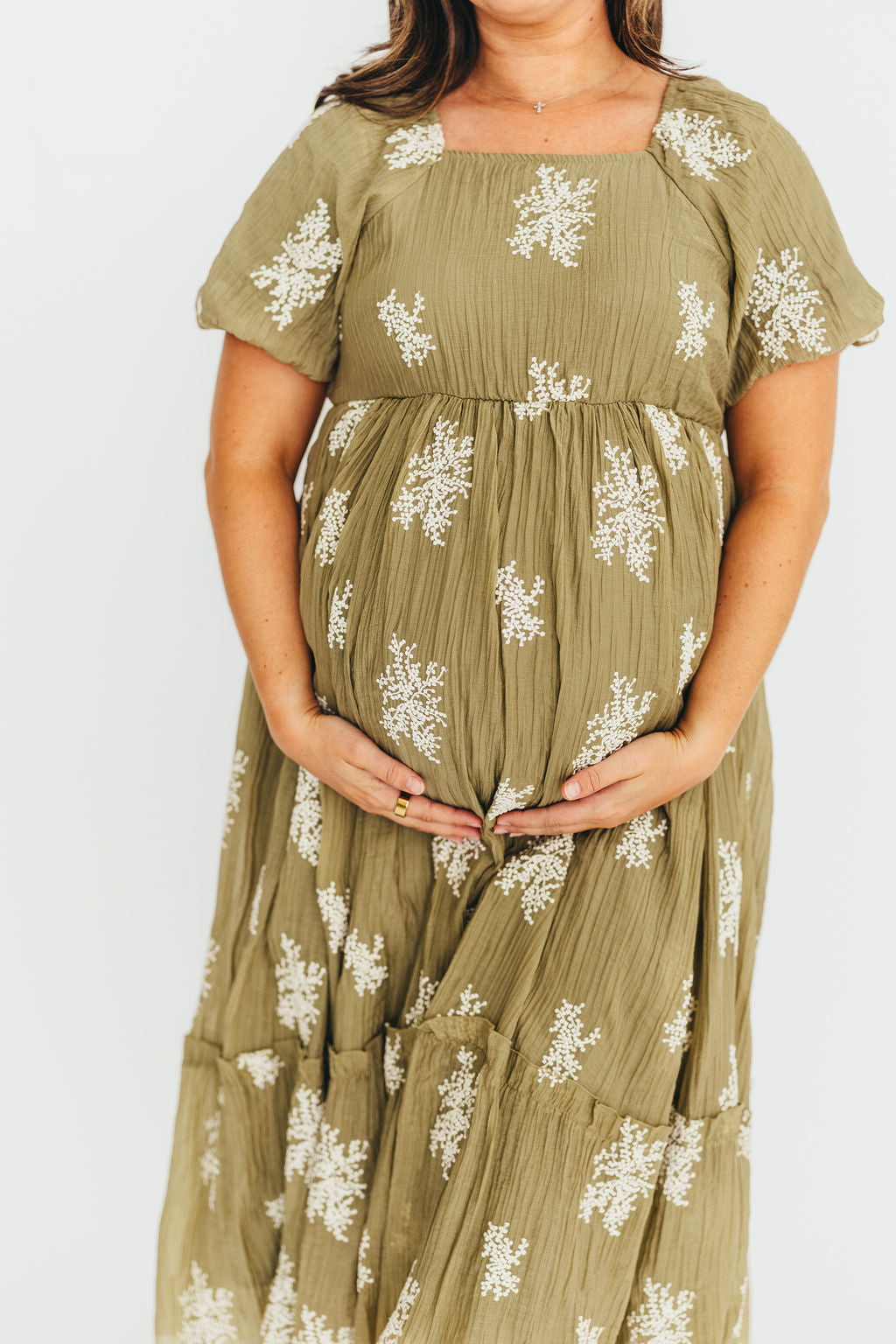 Hallie Embroidered Maxi Dress in Olive - Bump Friendly Maternity Dress & Inclusive Sizing (S-3XL) | Perfect for Pregnancy, Beach Vacations & Special Occasions