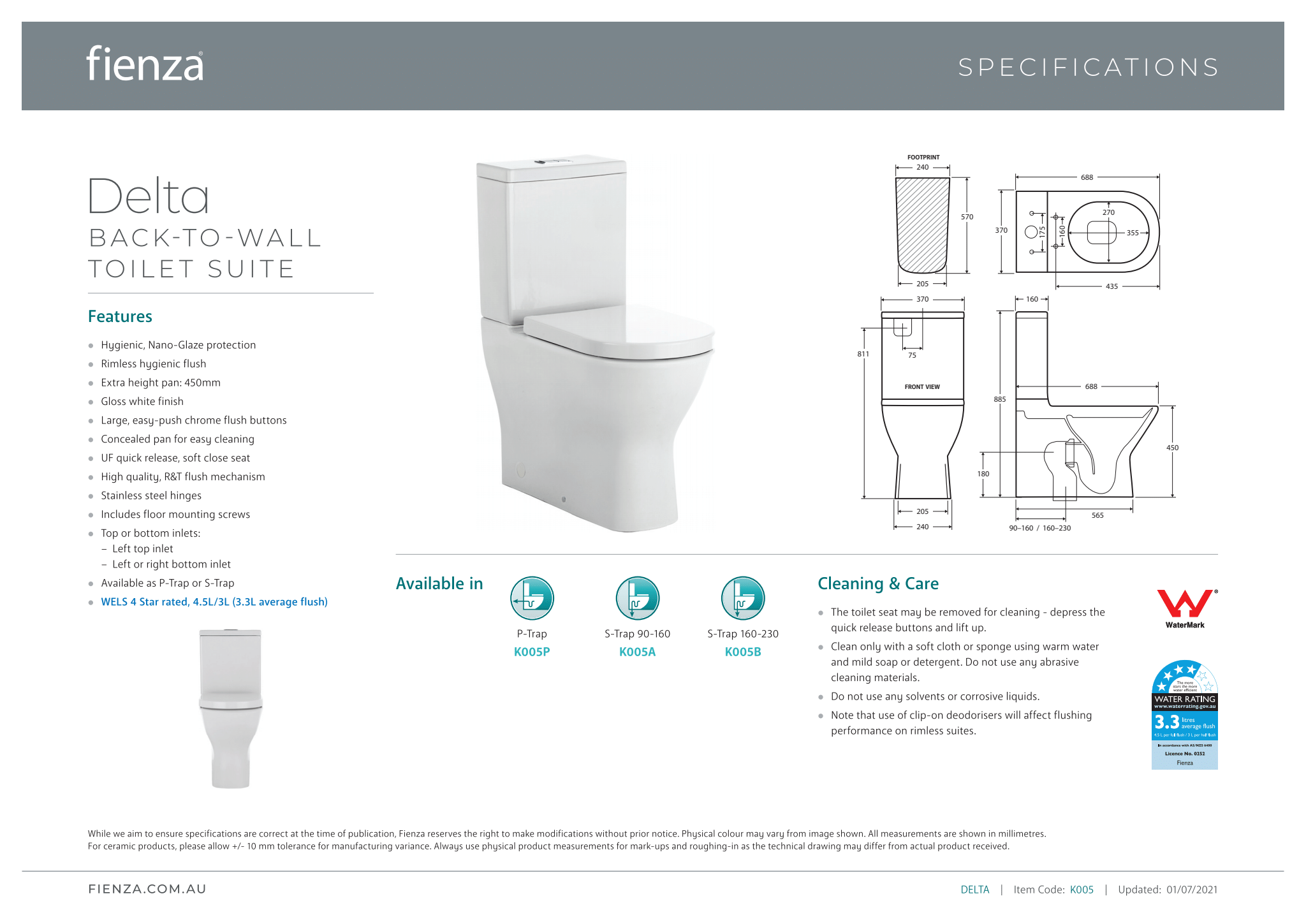 Fienza Delta Back to Wall Toilet Suite - Modern One-Piece Elongated Bowl for Small Bathrooms, WaterSense Certified for Efficiency, Perfect for Home & Commercial Use