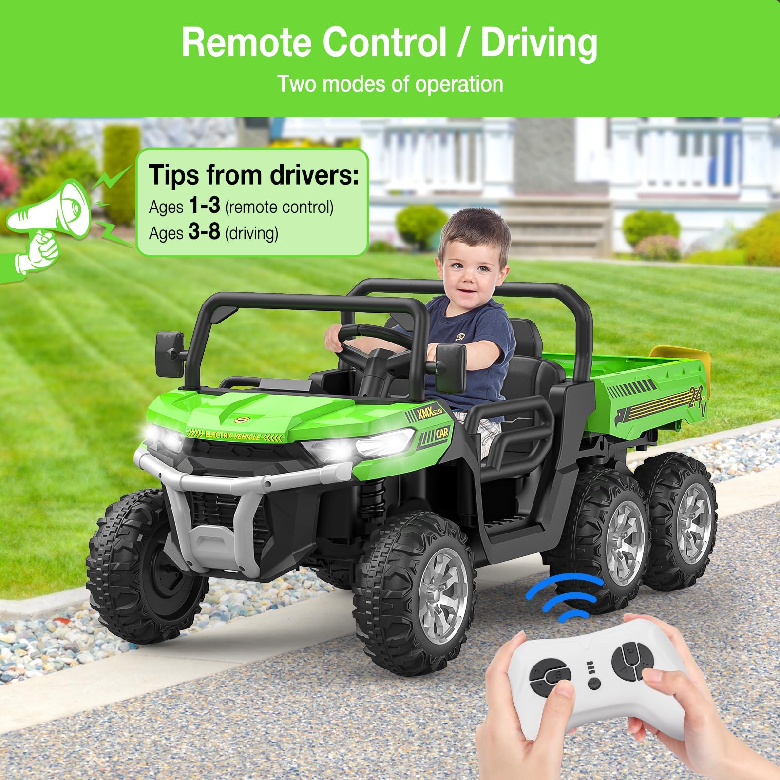 GARVEE 24V Electric Ride-On Dump Truck for Kids - 2 Seater 6-Wheel Remote Control UTV, Battery-Powered Toy Vehicle for Ages 3+ (Green) | Outdoor Play, Backyard Fun & Birthday Gift for Toddlers
