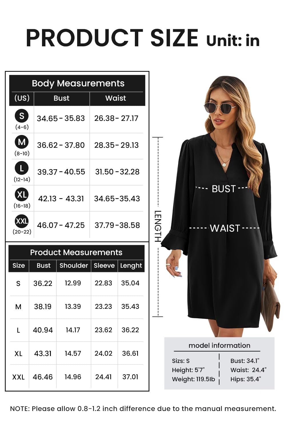 QACOHU Women's Flowy Casual V-Neck Ruffle Long Sleeve Shift Dress for Spring Summer Autumn Winter | Elegant Loose Fit Dresses for Daily Wear, Office, Dating & Special Occasions