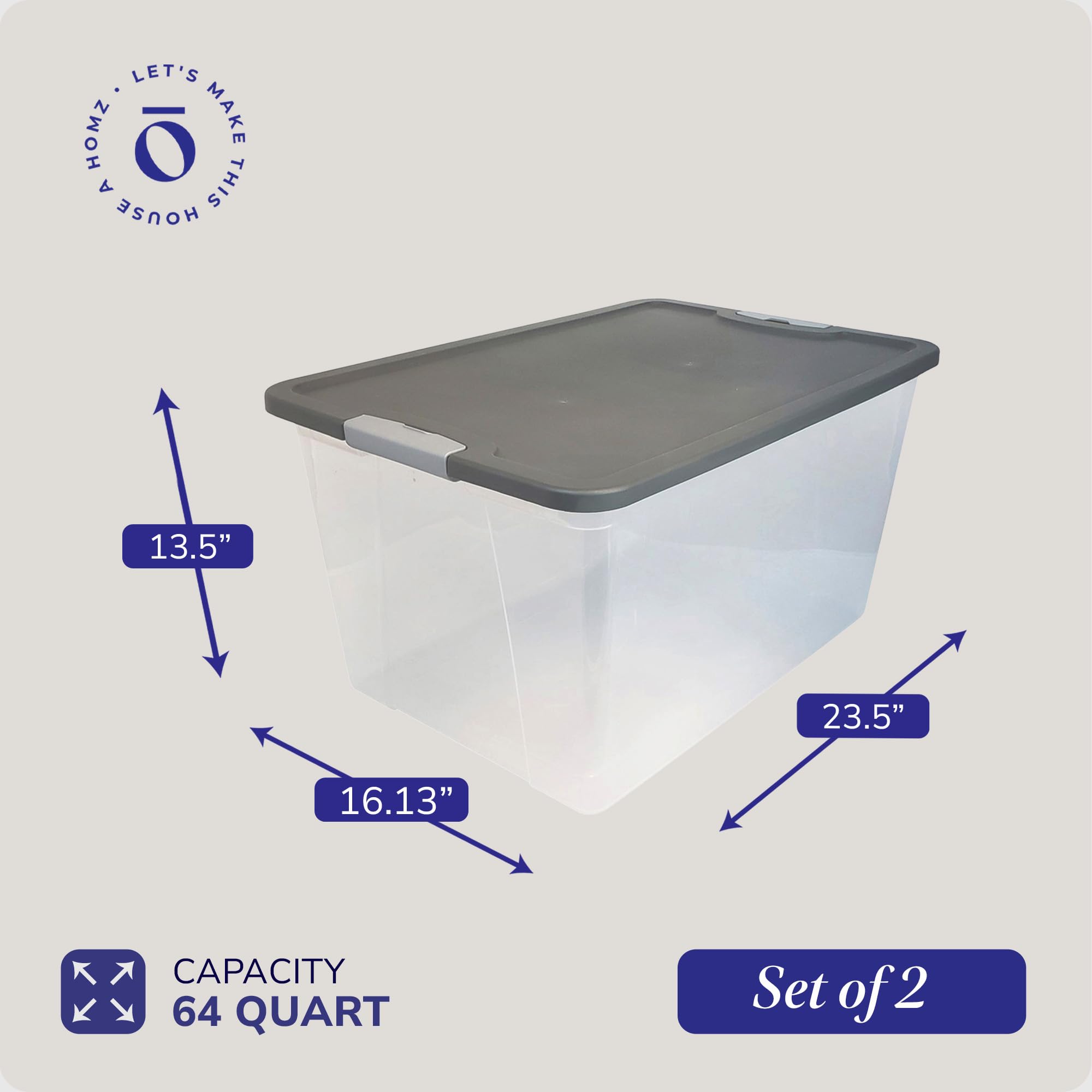 HOMZ 2-Pack 64 Quart Clear Plastic Storage Bins with Secure Latches & Gray Lids - Perfect for Home Organization, Pantry Storage, and Garage Shelving