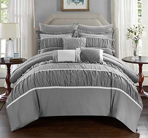 Chic Home Blanche 10-Piece Queen Comforter Set - Grey Pleated Ruffled Bedding with Sheet Set & Decorative Pillow Shams | Complete Bed in a Bag for Cozy Bedroom Decor