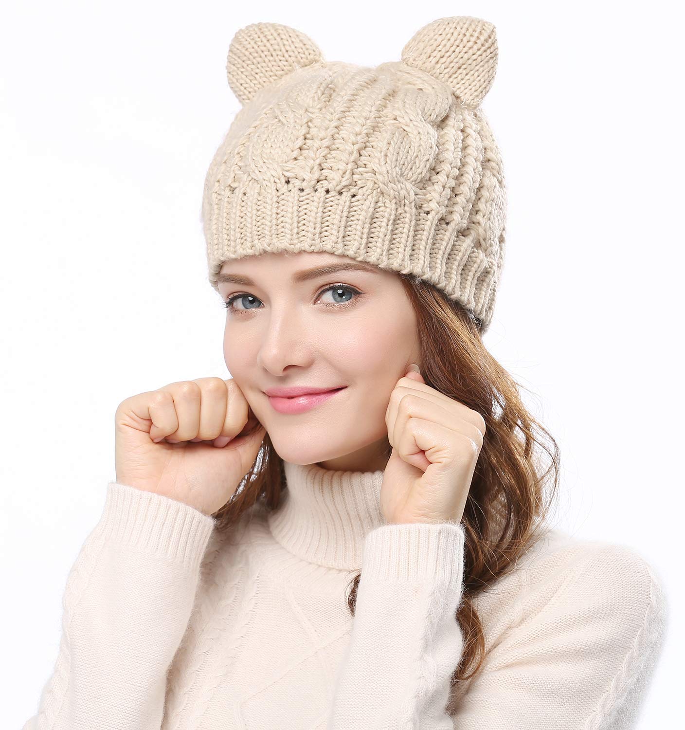 Bellady Women's Crochet Knit Cat Ear Beanie Hat - Warm Winter Braided Cap for Women, Girls - Perfect for Outdoor Activities, Travel, and Casual Wear