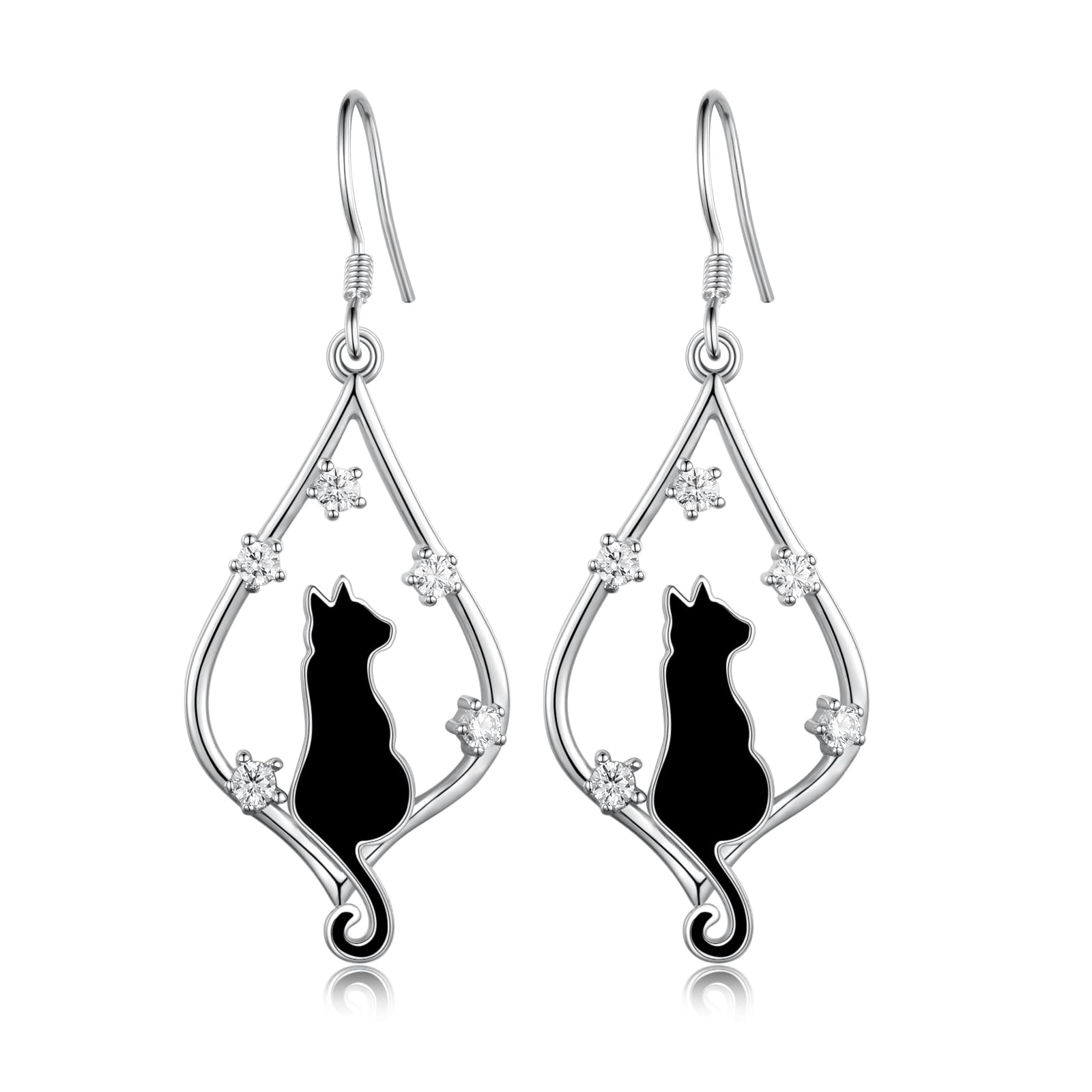 925 Sterling Silver Black Cat Dangle Earrings - Cute Cat Lover Jewelry Gift for Women | Perfect for Halloween, Birthday & Everyday Wear