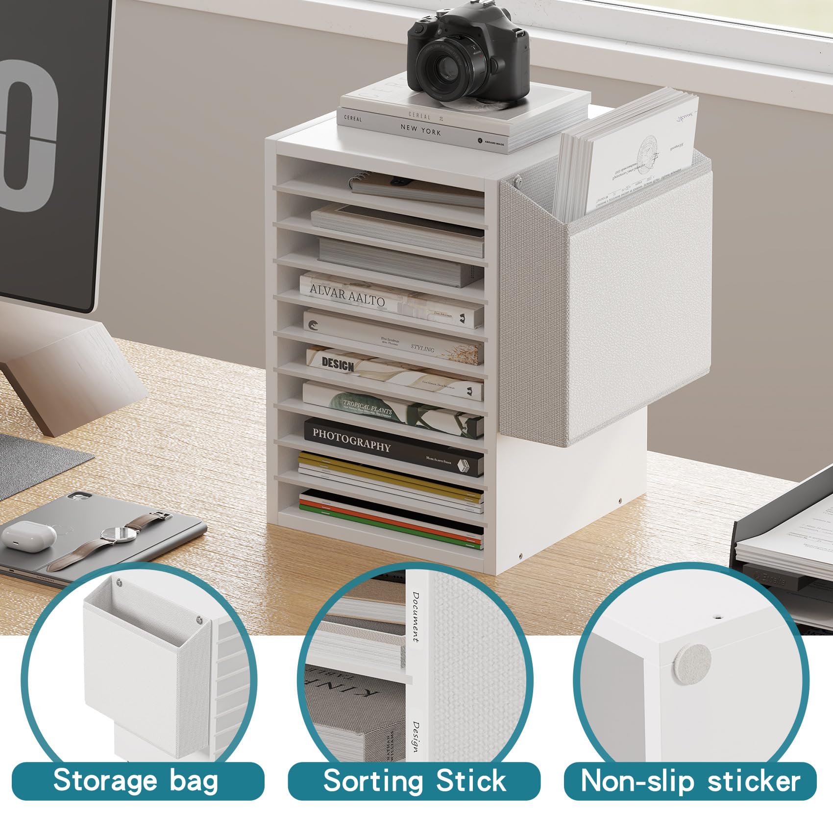 Wooden 10-Tier Adjustable Mail Sorter with Storage Bag - Office Paper Organizer, Classroom Mailbox for Teachers - Perfect for Desk Organization in Office, Study, or Home Workspace