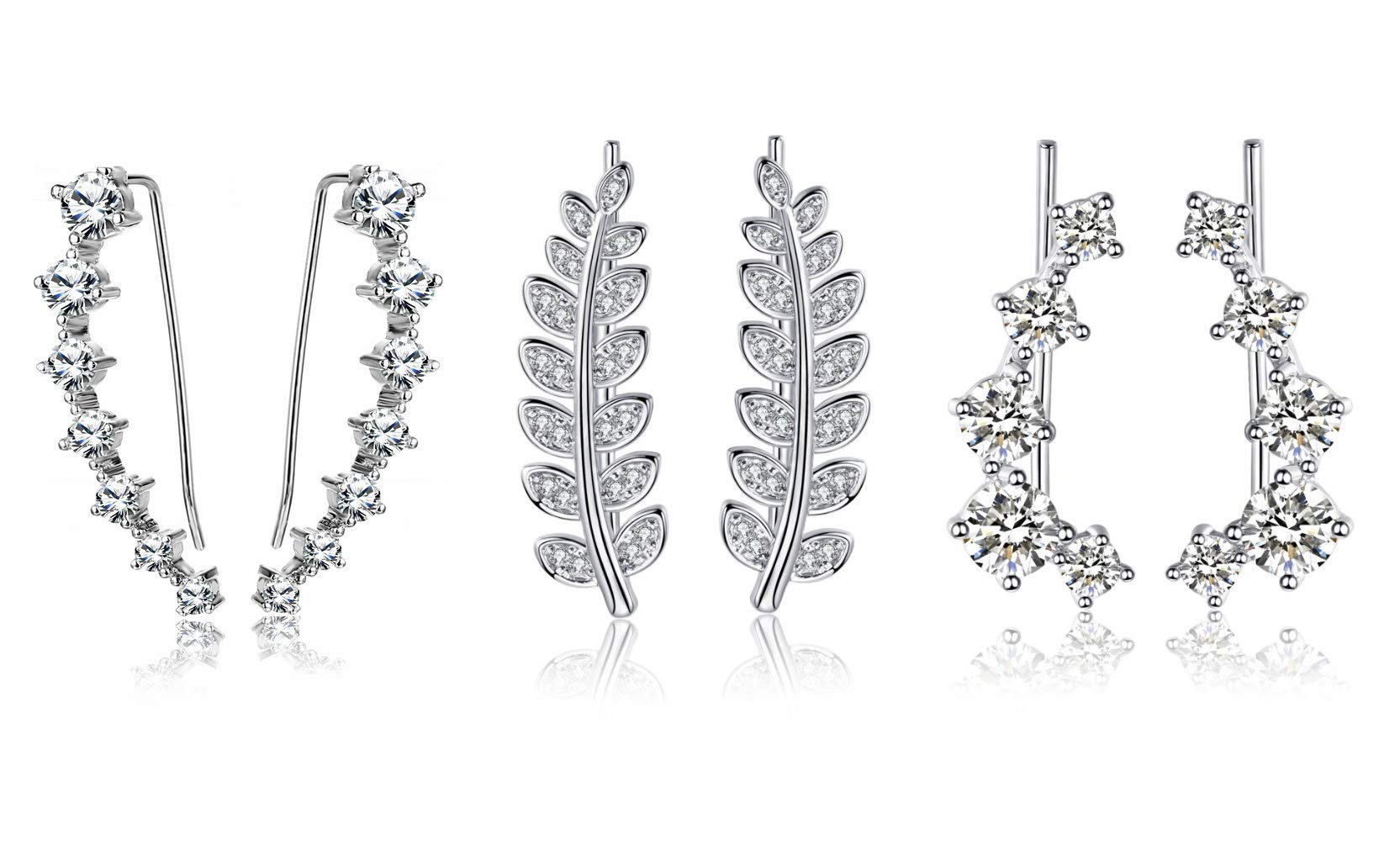 CZ Leaf Cuff Wrap Climber Stud Earrings for Women - Hypoallergenic Cubic Zirconia Pierced Earrings - 3 Pairs Set - Perfect for Parties, Weddings & Everyday Wear
