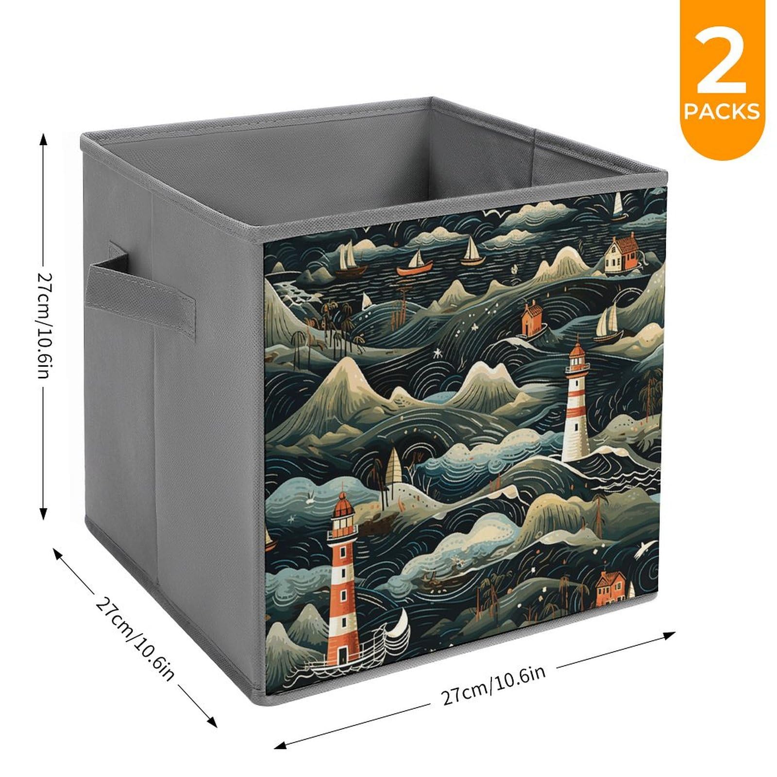 2-Pack Collapsible Storage Bins with Handles - Black Lighthouse Printed Foldable Storage Boxes for Home Organization, Shelves, Closet & Pantry | Space-Saving Household Storage Solutions for Toys, Blankets & Seasonal Items