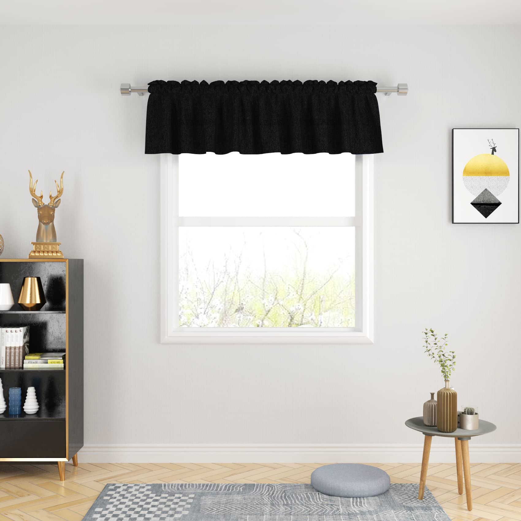 UPOPO 18 Inch Black Linen Textured Valance Curtain - Rod Pocket Window Topper for Kitchen, Living Room, Bedroom - 1 Panel 54