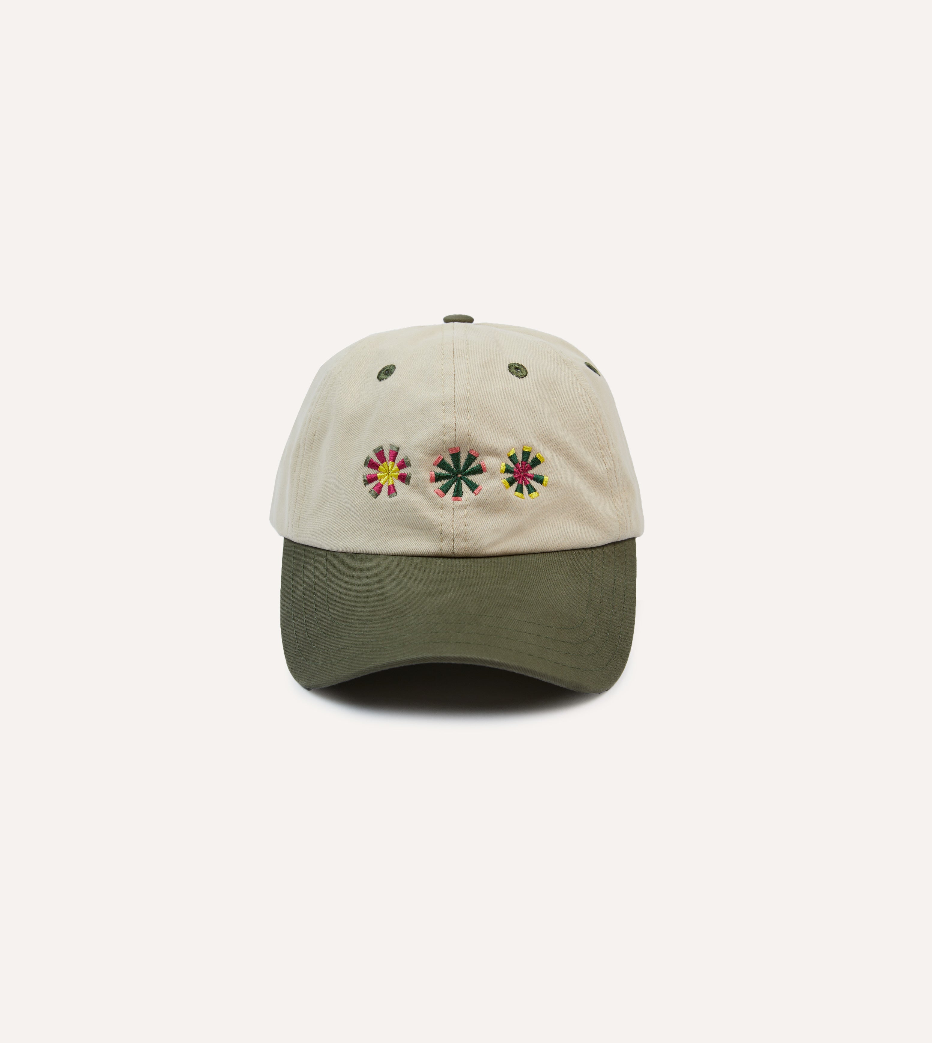 Ecru & Green Kantha Suns Emblem Cotton Baseball Cap - Vintage Indian Embroidery Unisex Adjustable Hat for Outdoor, Travel & Fashion