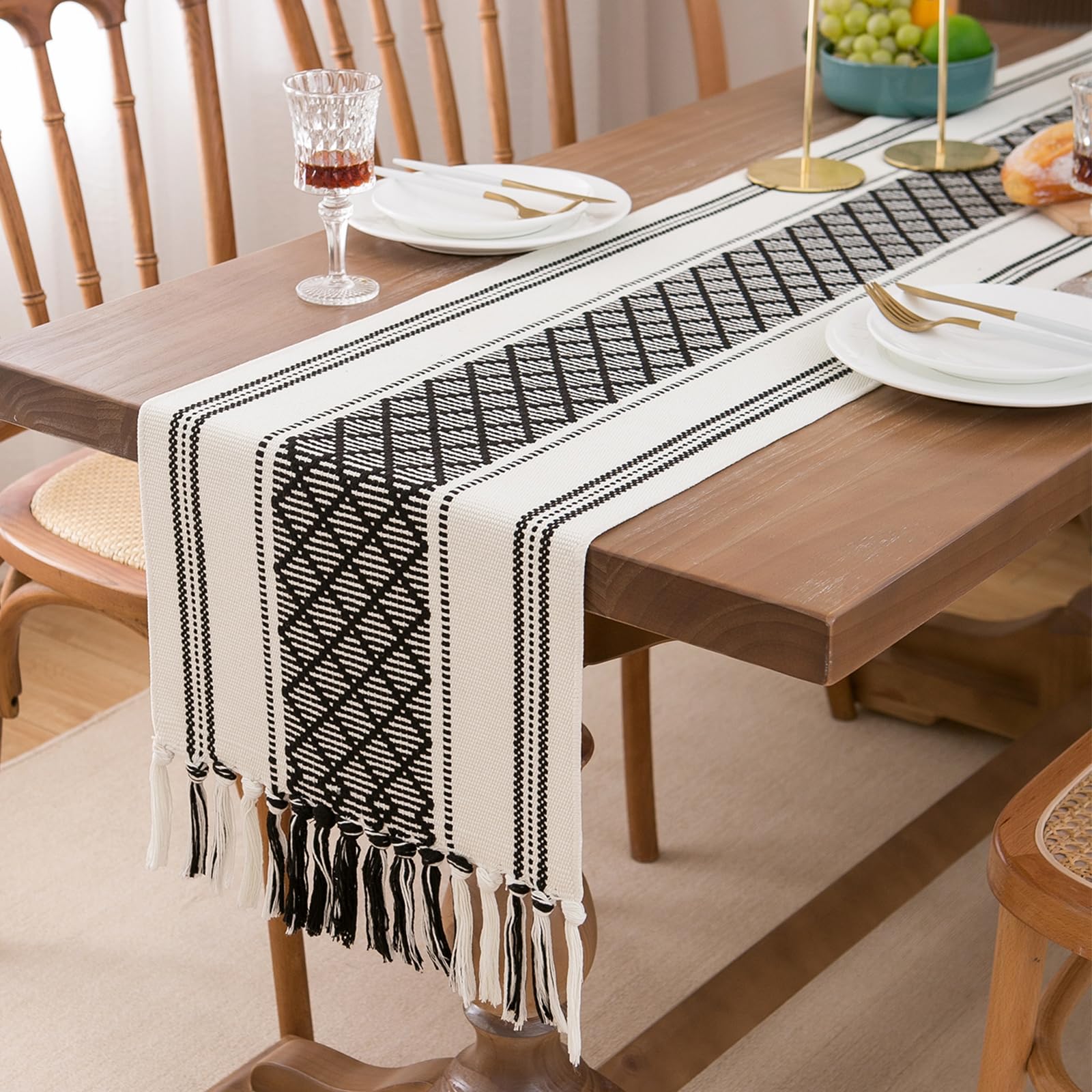 Boho Table Runner 14 x 72 Inches - Farmhouse Style Woven Table Runner with Black & White Hand-Tassels for Wedding, Party, Dining Room & Dresser Decor - Perfect for Rustic, Boho & Farmhouse Home Decor (Black)