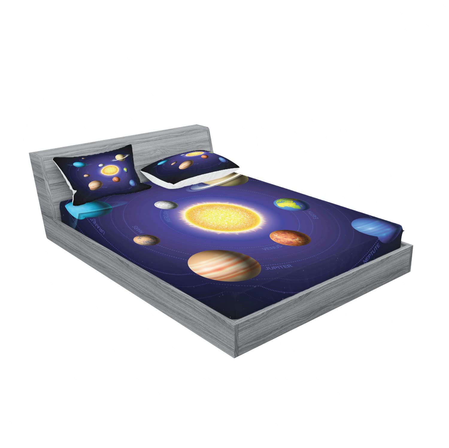 Ambesonne Space Themed 2-Pack Queen Size Fitted Sheet Set with 4 Pillow Shams - Solar System Planets Design Bedding Collection for Adults & Kids - Perfect for Astronomy Lovers' Bedroom Decor & Space-Themed Parties