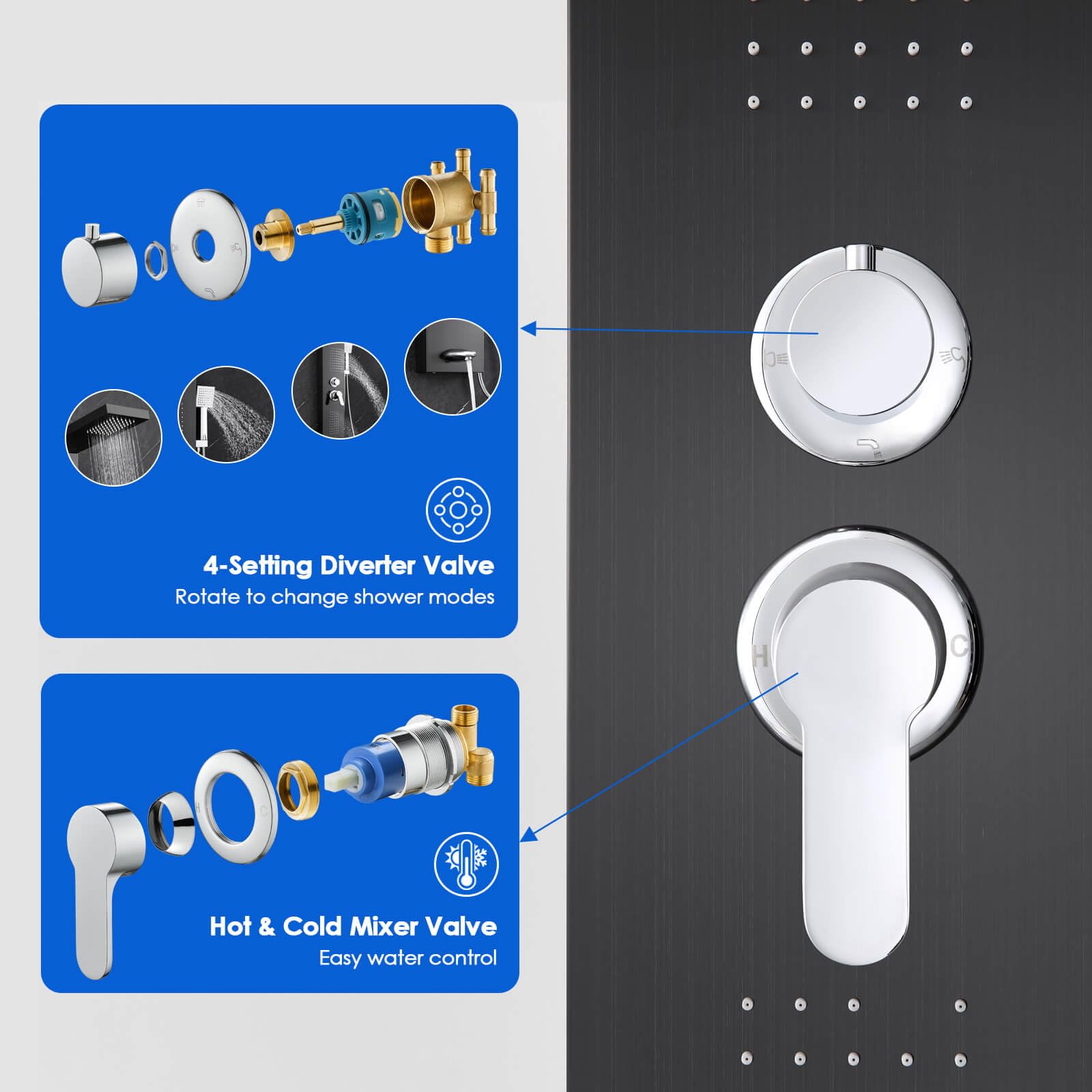 ROVOGO 46.5 Inch Black Stainless Steel Shower Panel Tower System - Rainfall Showerhead, 6 Body Jets, Handheld Spray & Tub Spout - High Pressure Bathroom Upgrade for Spa-Like Experience | Perfect for Master Bath, Luxury Home Renovation & Relaxation