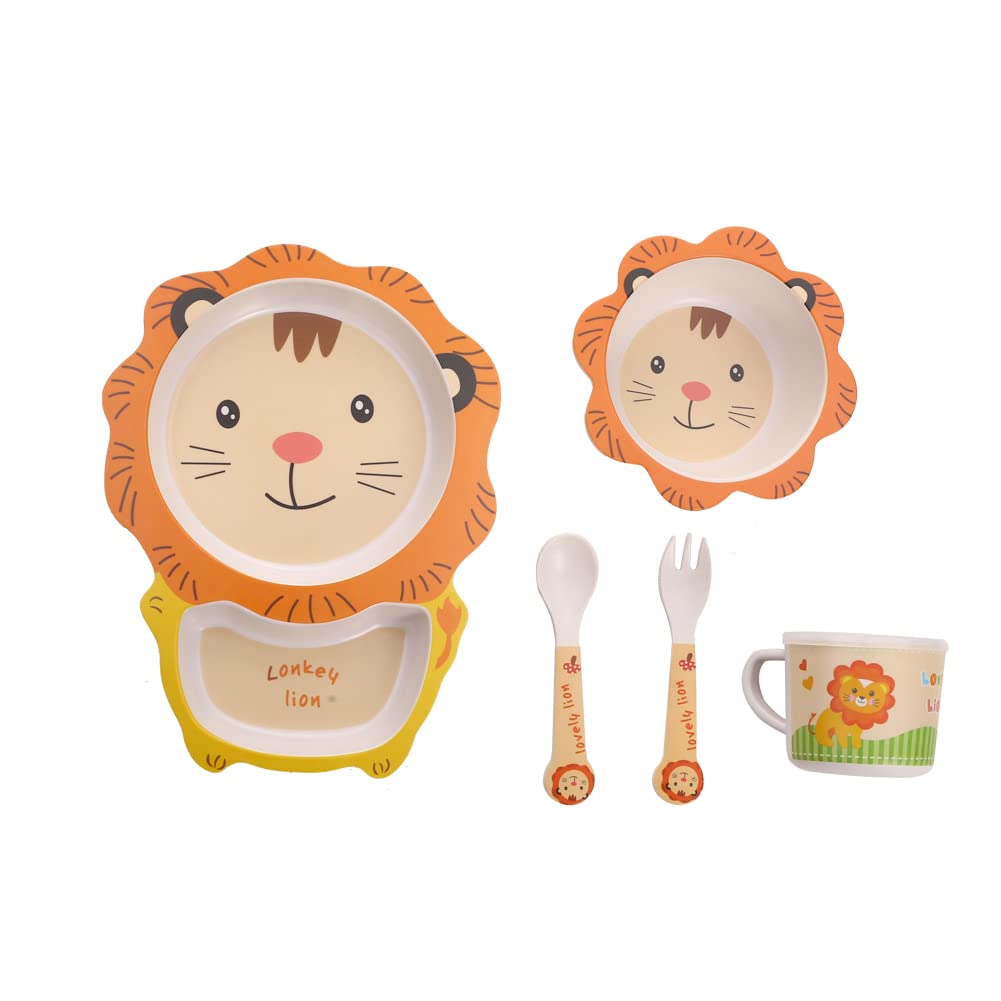 Eco-Friendly Bamboo Kids Dinnerware Set - 5 Piece Plate, Bowl, Cup, Fork & Spoon (Lion Design) | Durable & Safe for Toddlers Mealtime, Picnics & Travel