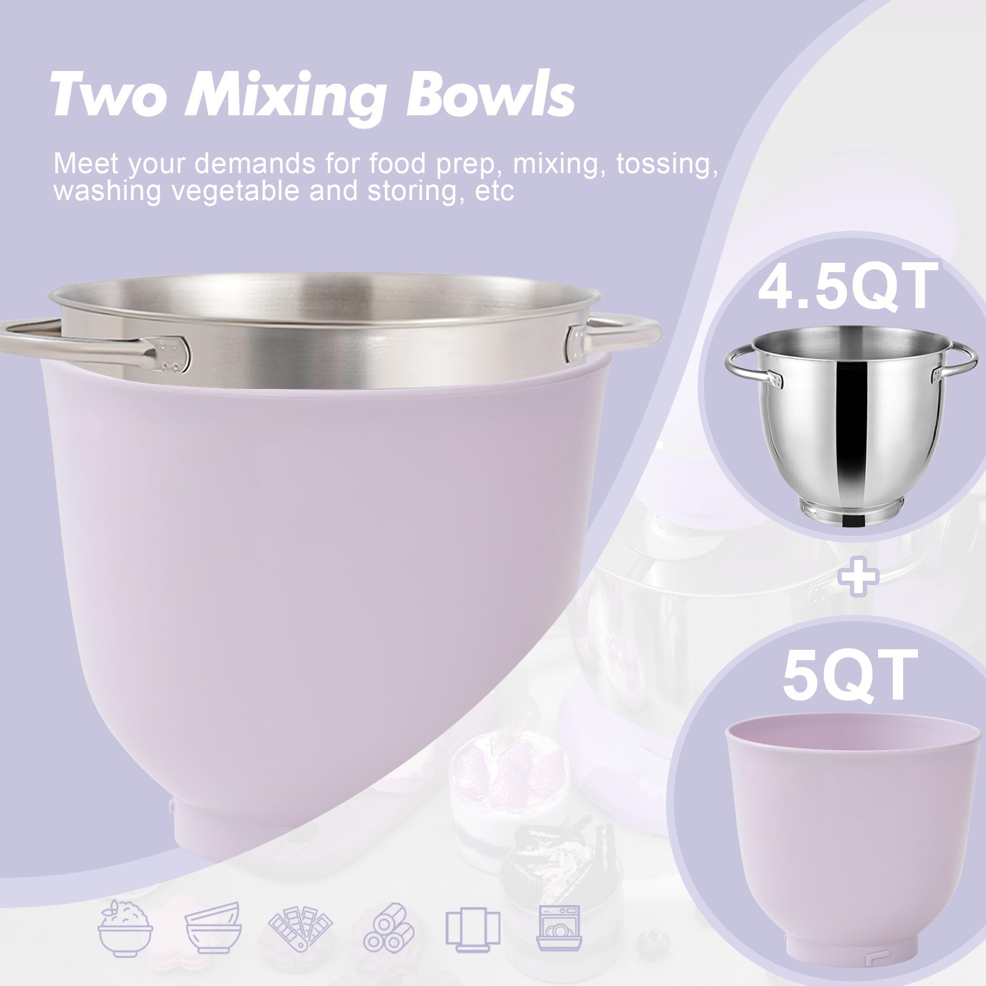 4.5QT Stand Mixer with 5QT Bowl, 10 Speeds - Egg Whisk & Dough Hook Included for Baking & Cooking (Lilac)