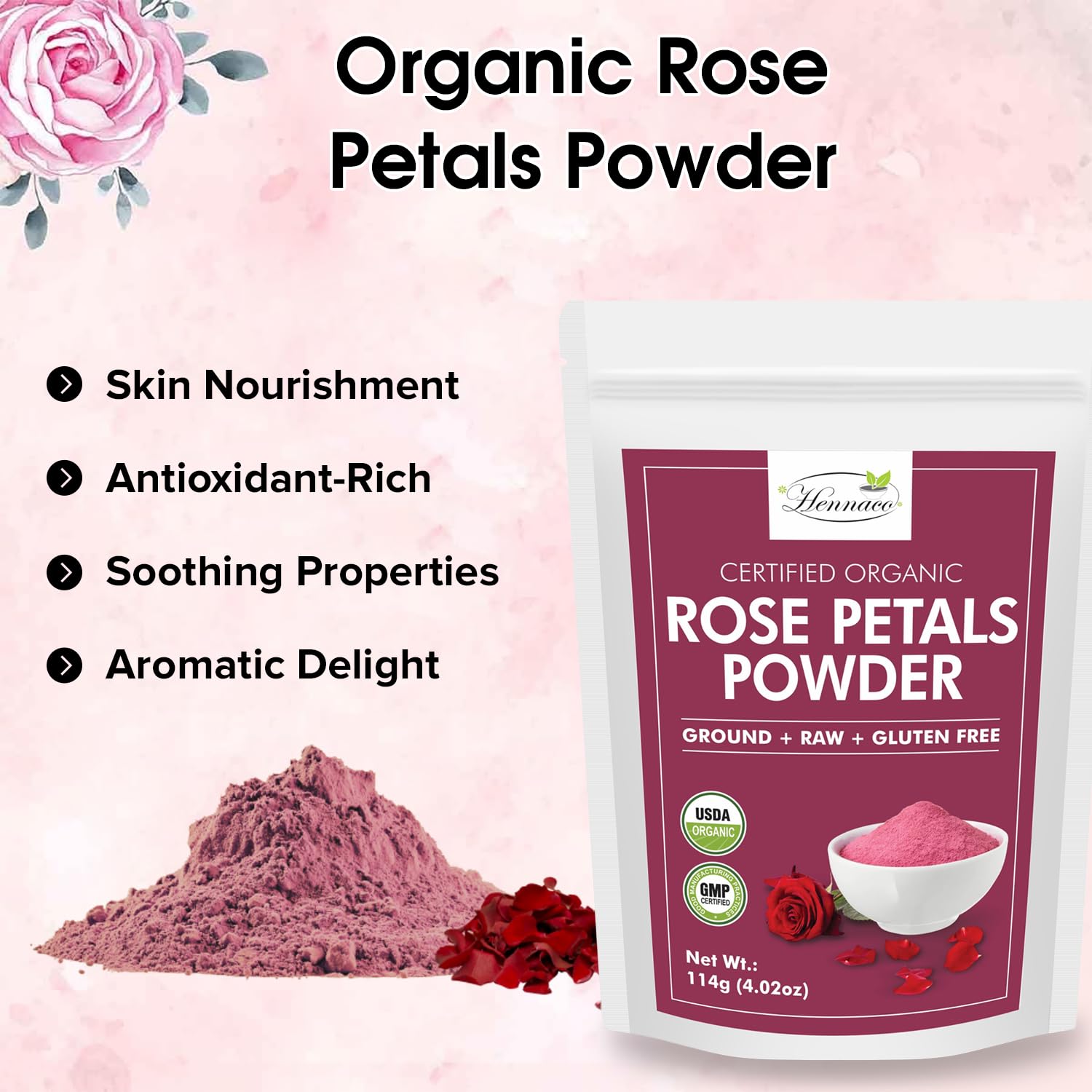 Organic Rose Petals Powder - 114g (4oz) All-Natural Skin Toner & Hair Mask | Chemical-Free, Preservative-Free | For Dry, Oily & Sensitive Skin | DIY Face Masks, Bath Soaks & Aromatherapy