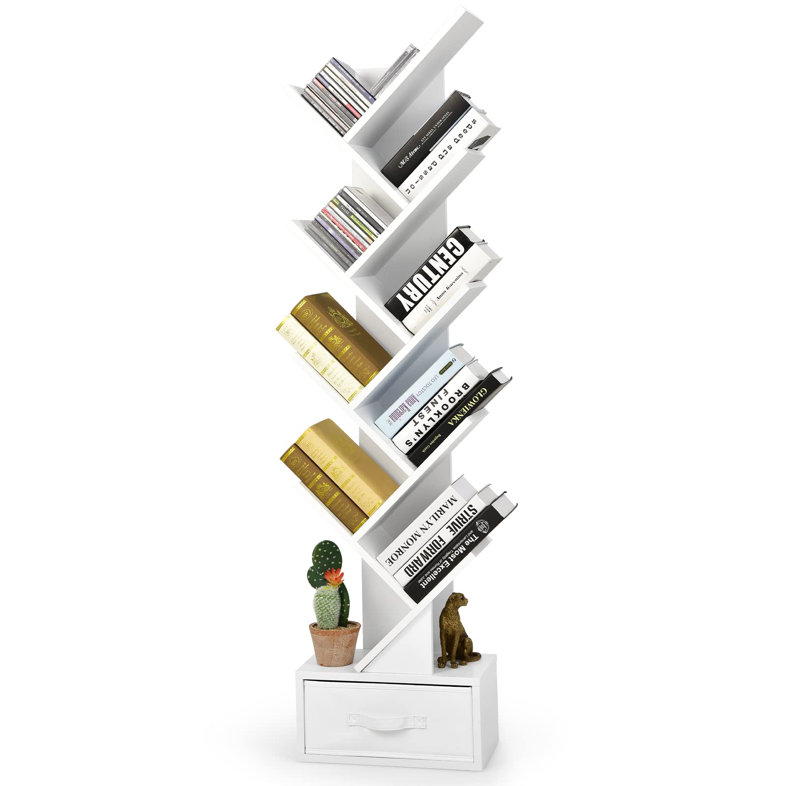 Tangkula 10-Tier Tree Bookshelf with Drawer - Floor Standing Storage Organizer for Books, Movies, CDs & Collectibles - Space-Saving Display Shelf for Bedroom, Living Room, Home Office & Dorm (White) - Perfect for Small Spaces & Stylish Home Organization