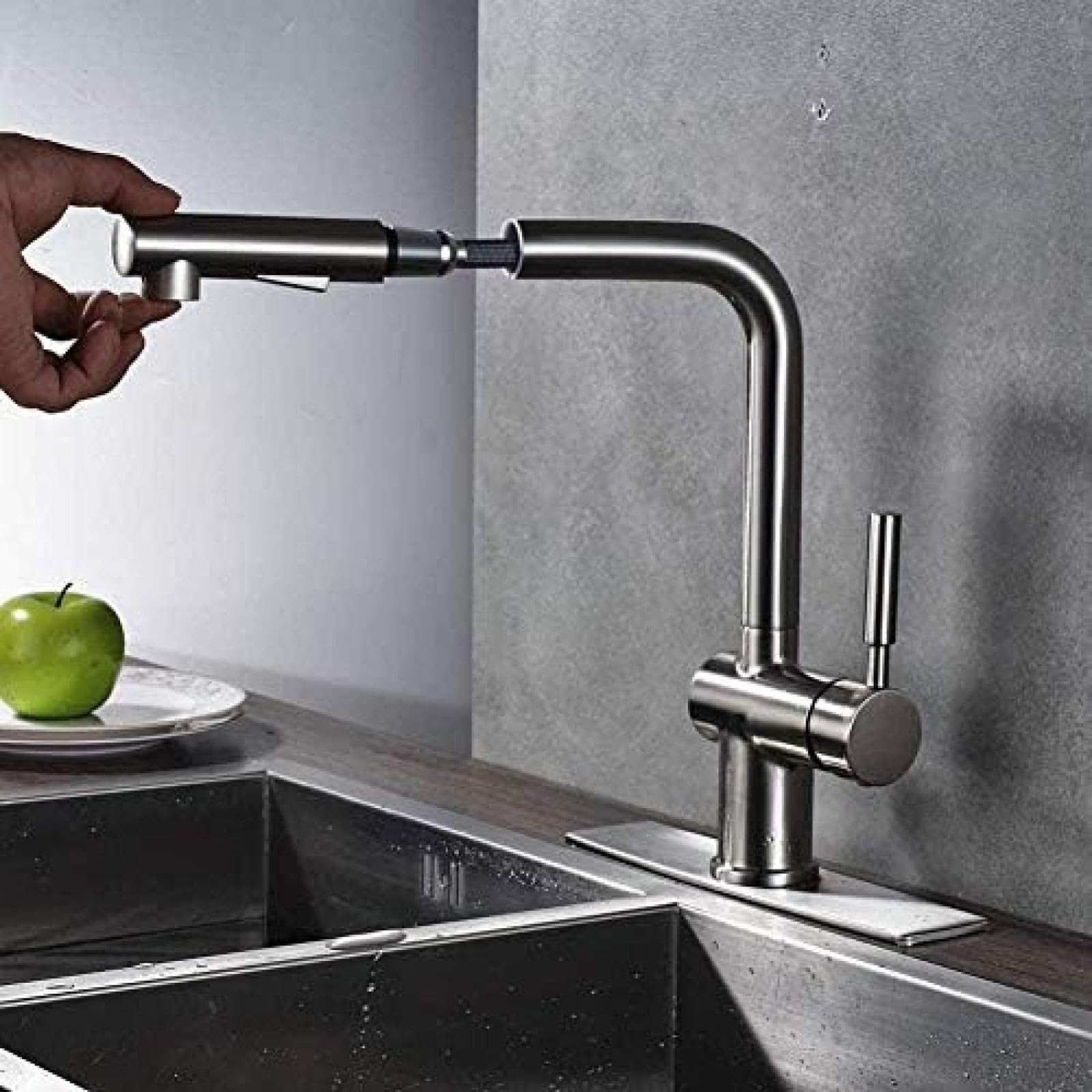 CRJUS Stainless Steel Kitchen Faucet with Pull Down Sprayer - Chrome & Brushed Nickel Deck Mounted Hot Cold Water Mixer Tap - Perfect for Modern Kitchens, Washing Dishes & Food Prep