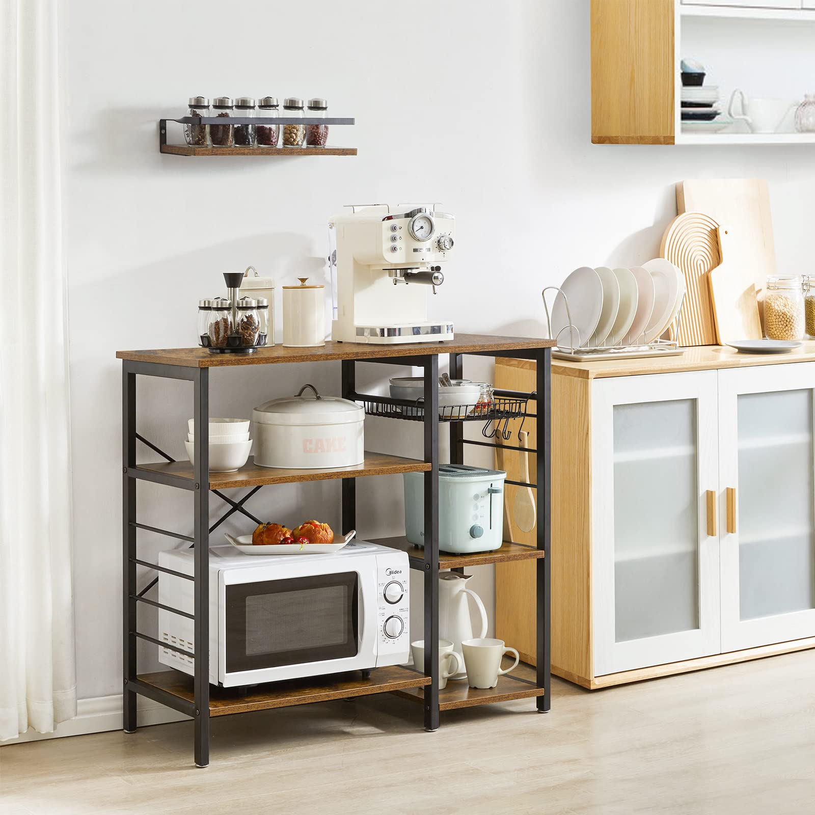 YMYNY Rustic Brown Baker's Rack - 35.4×33.1×15.75 Inch Multifunctional Kitchen Organizer with Coffee Bar Station, Microwave Stand & 6 S-Hooks - Perfect for Small Kitchen Storage, Pantry Organization & Coffee Bar Setup
