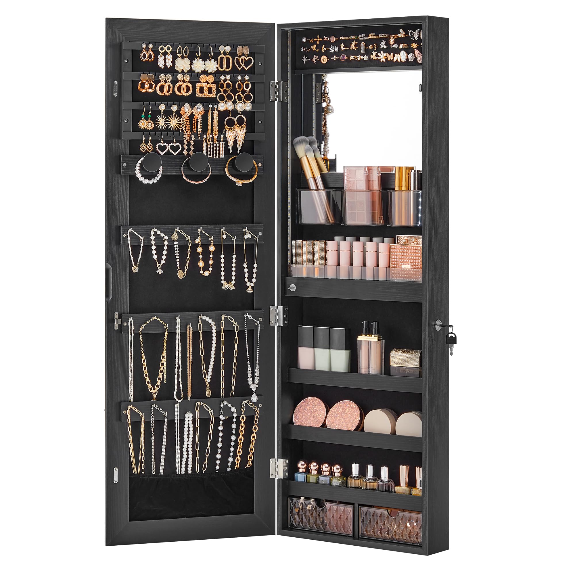 SONGMICS Jewelry Cabinet Armoire Organizer with LED Lights - Wall Mounted Storage with Full-Length Mirror, Built-in Makeup Mirror, 2 Lockable Drawers for Bedroom, Bathroom, Closet - Black UJJC013B01 | Jewelry Storage & Vanity Organizer for Women