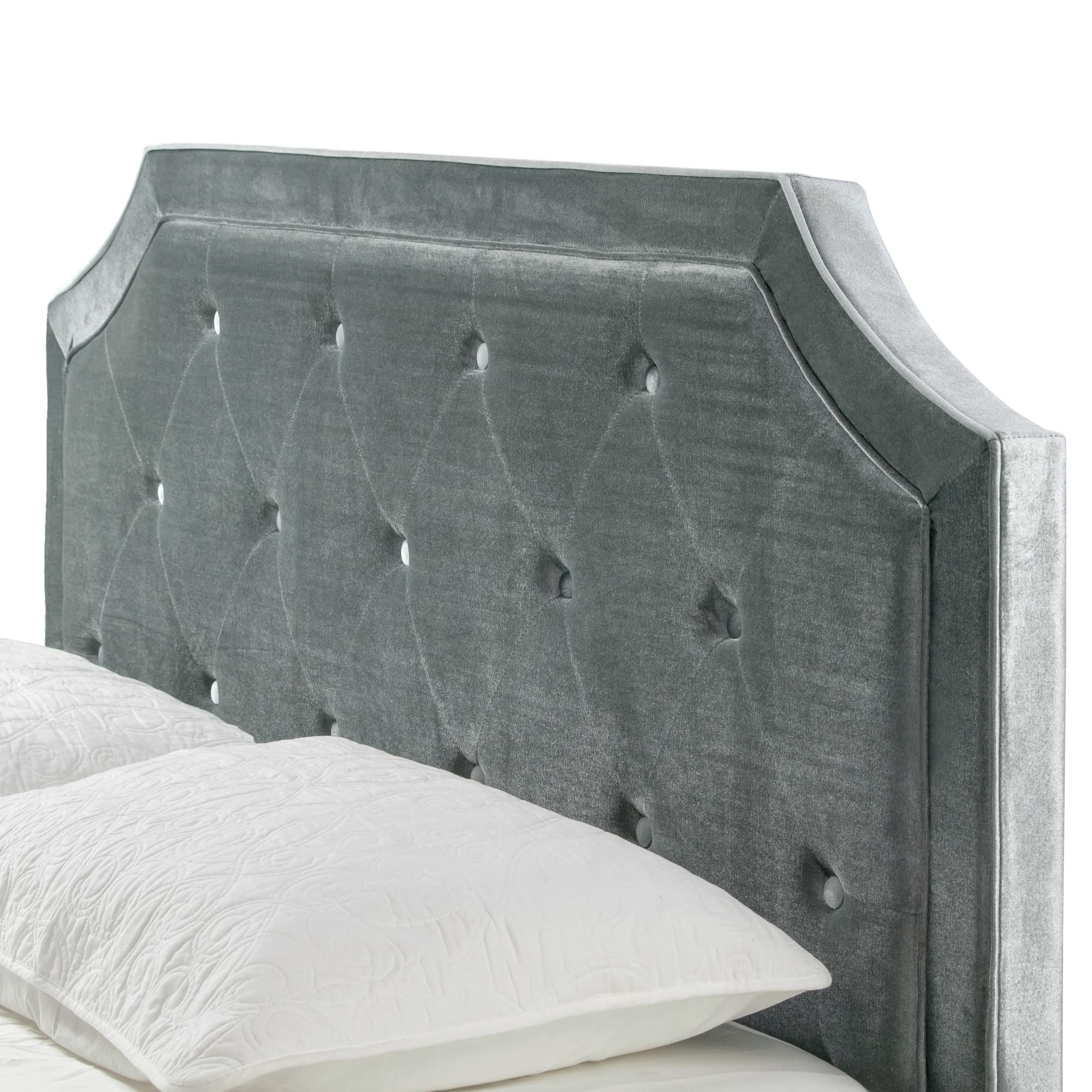 Luxury Aria Silver Grey Velvet Queen Bed with Piping & Button Tufting - Elegant Upholstered Bed Frame for Master Bedroom, Guest Room or Apartment