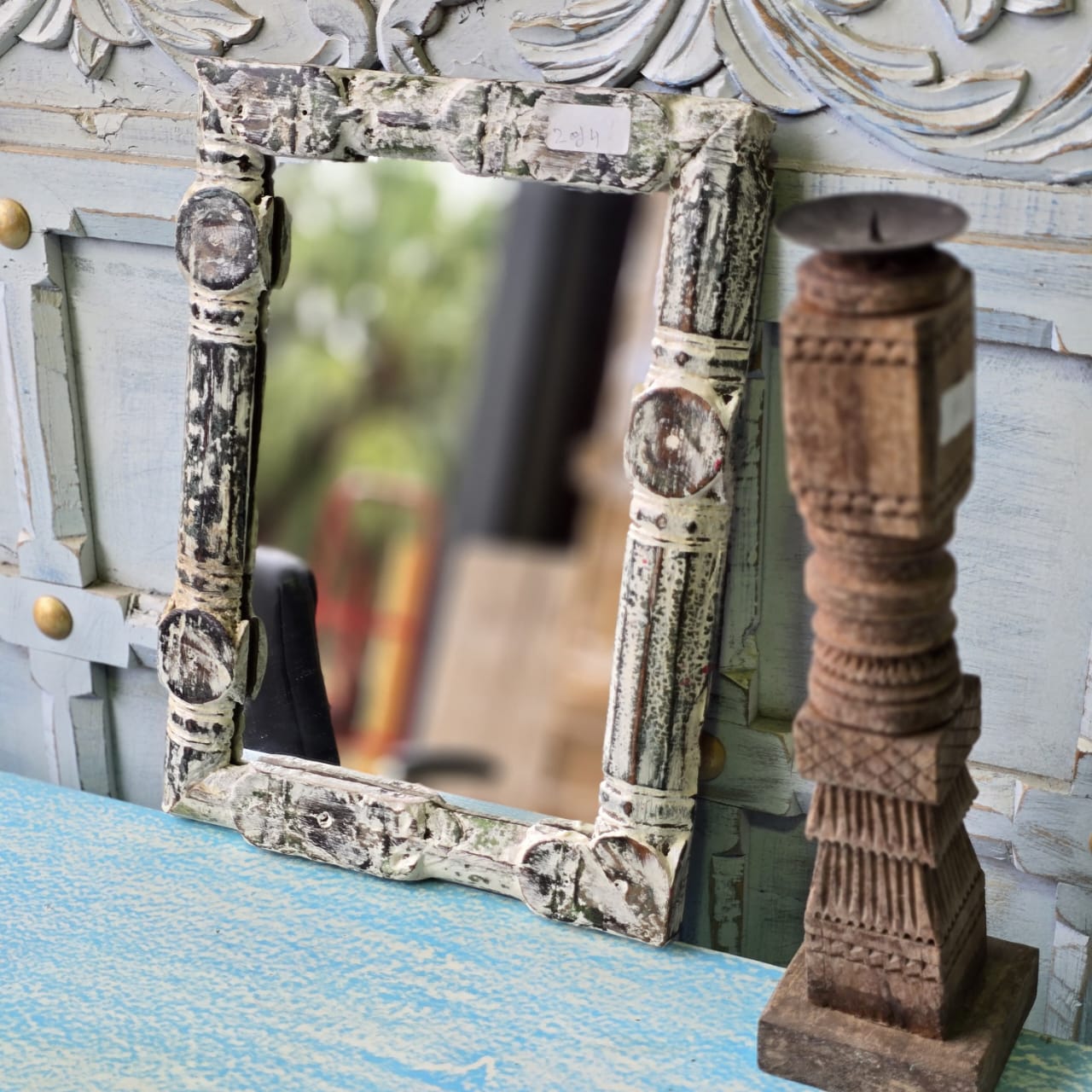 Handmade Solid Wood Carved Indian Furniture Mirror Frame - Rustic White 06 - Perfect for Living Room, Bedroom, or Home Decor