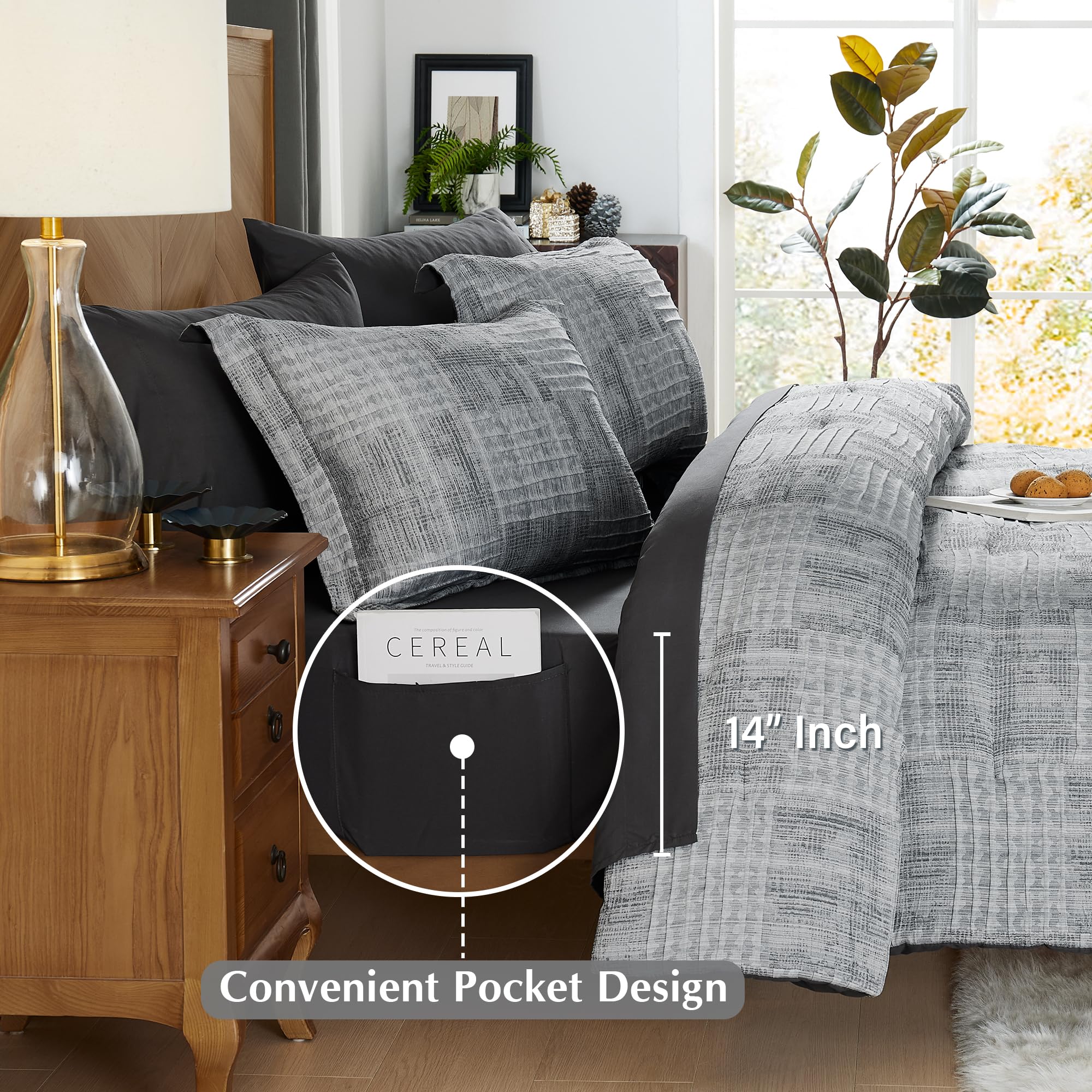 MaiRêve Charcoal Grey Full Comforter Set - 7 Piece Textured Crinkle Bed in a Bag with Comforter, Sheets, Pillowcases & Shams (80
