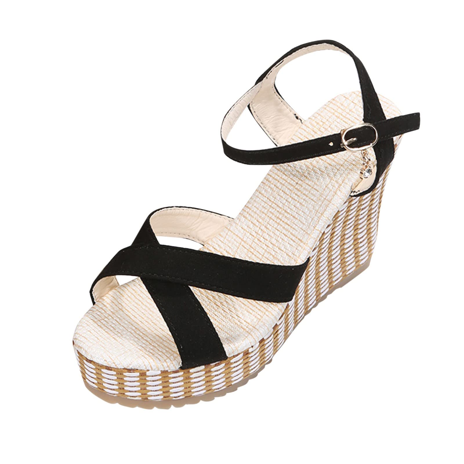 Women's Low Heel Sandals - Summer Fashion Platform Wedge Sandals with Cross Strap Buckle in Tan | Perfect for Beach, Vacation & Casual Outfits