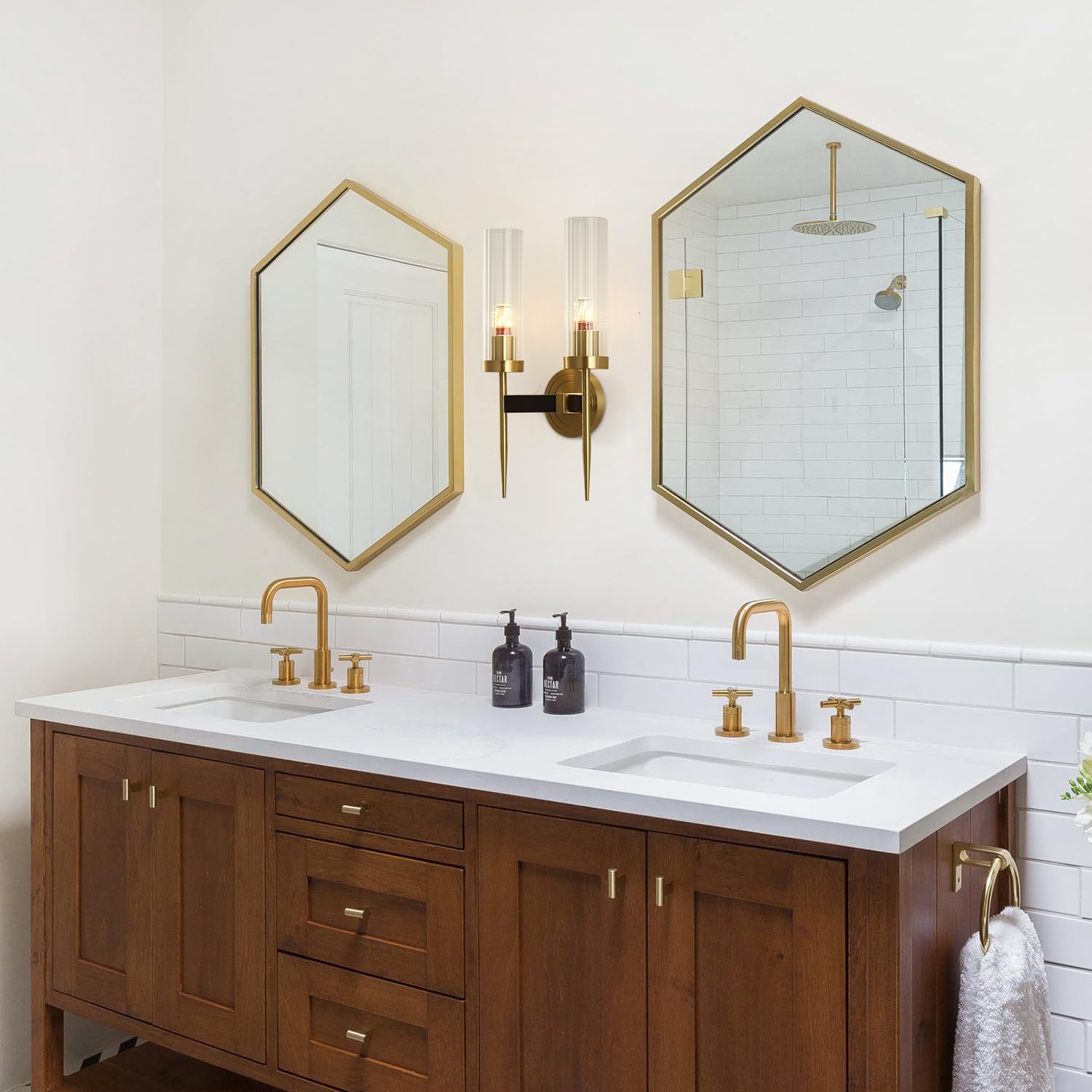 BOKT Mid-Century Modern 2-Light Crystal Wall Sconce - Brushed Brass Gold Finish, Clear Cylinder Glass Shade - Perfect for Bedroom, Hallway & Living Room Lighting