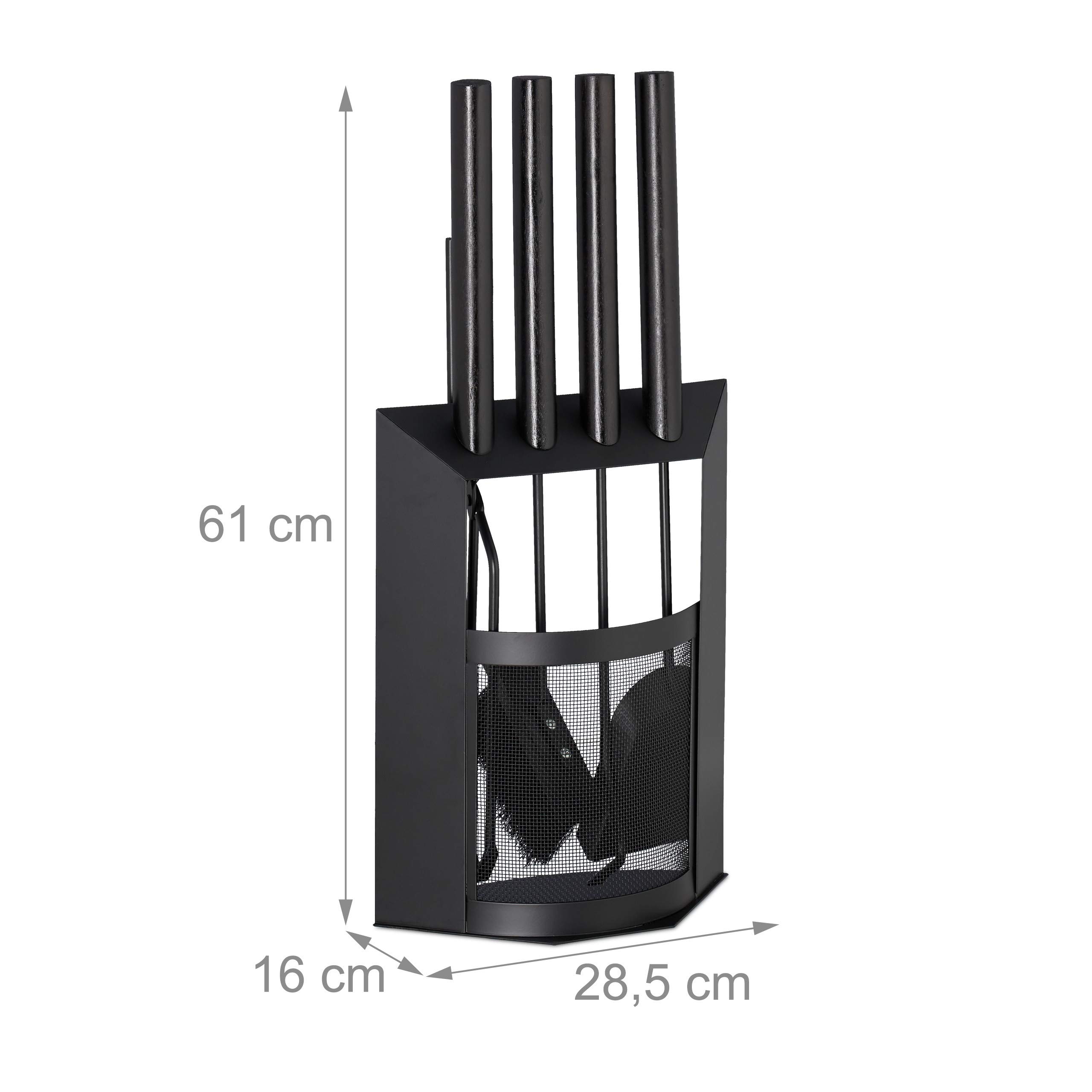 5-Piece Fireplace Tool Set with Shovel, Broom, Tongs & Stand - Modern Black Steel & Wood Fireplace Accessories (61 x 28.5 x 16cm) - Perfect for Indoor Fireplace, Hearth Maintenance & Home Decor