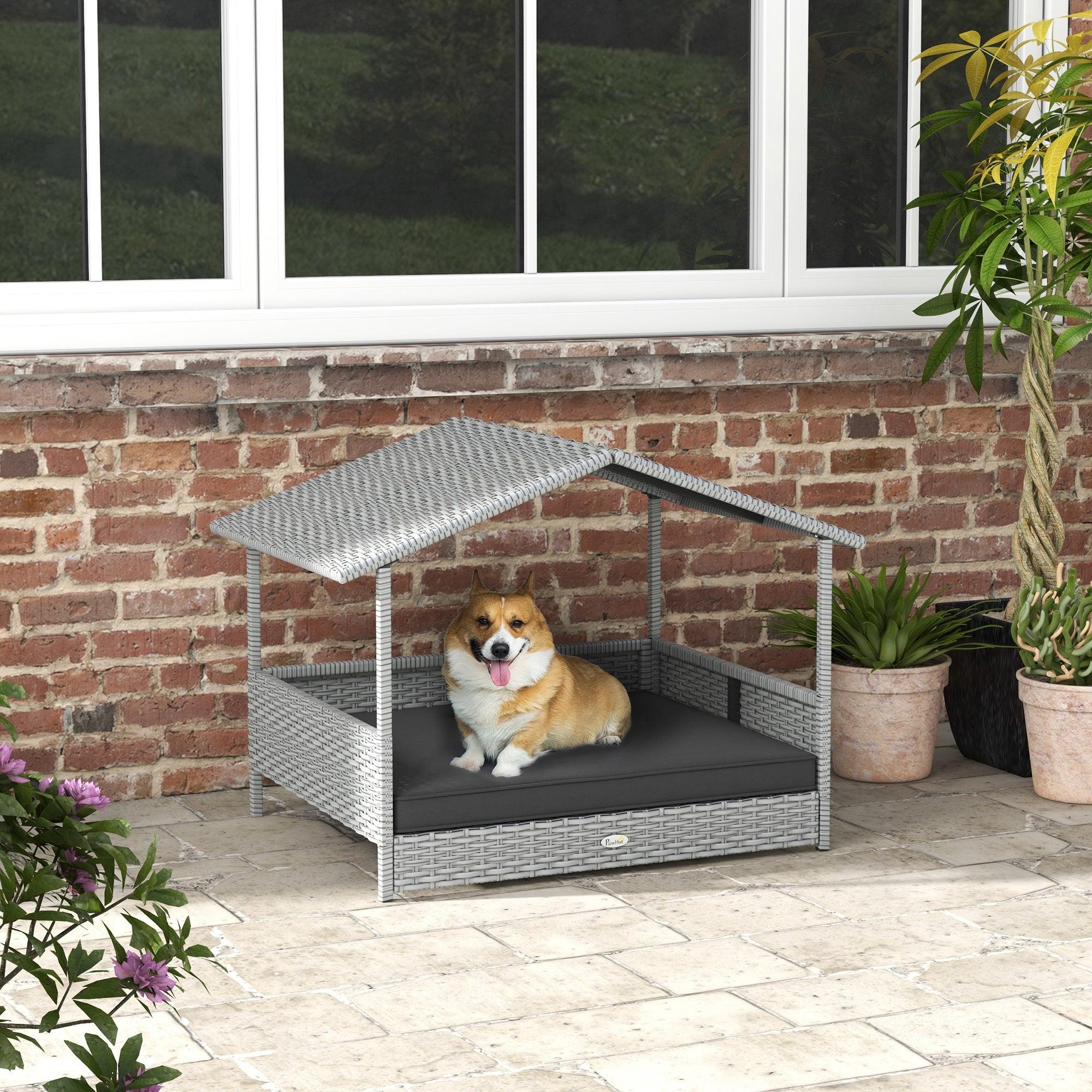 Waterproof Rattan Dog House with Canopy - Outdoor Pet Bed with Removable Cushion for Small & Medium Dogs - Gray - Perfect for Backyard, Patio & Garden Use