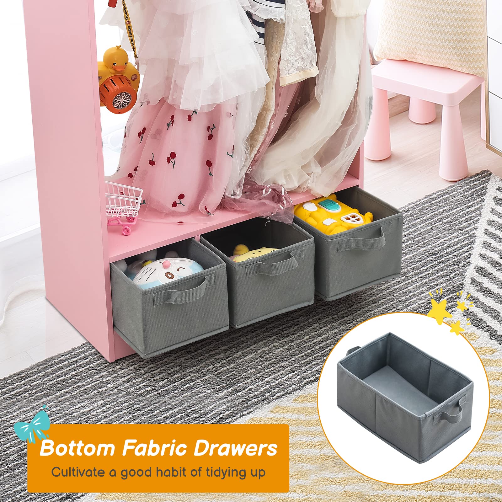 Kids Dress Up Storage Closet with Mirror - Pink Hanging Armoire for Costume Organization | Perfect for Pretend Play, Bedroom Decor & Toy Storage