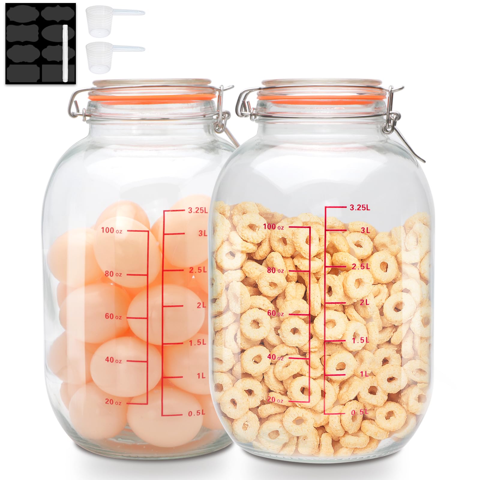 1-Gallon Round Glass Storage Jars with Hinged Lids - Wide Mouth Canning Jars with Scoop & Measurement Marks - Large Glass Containers for Fermenting, Pasta, Pickles, Sun Tea - Perfect for Kitchen, Pantry & Home Organization