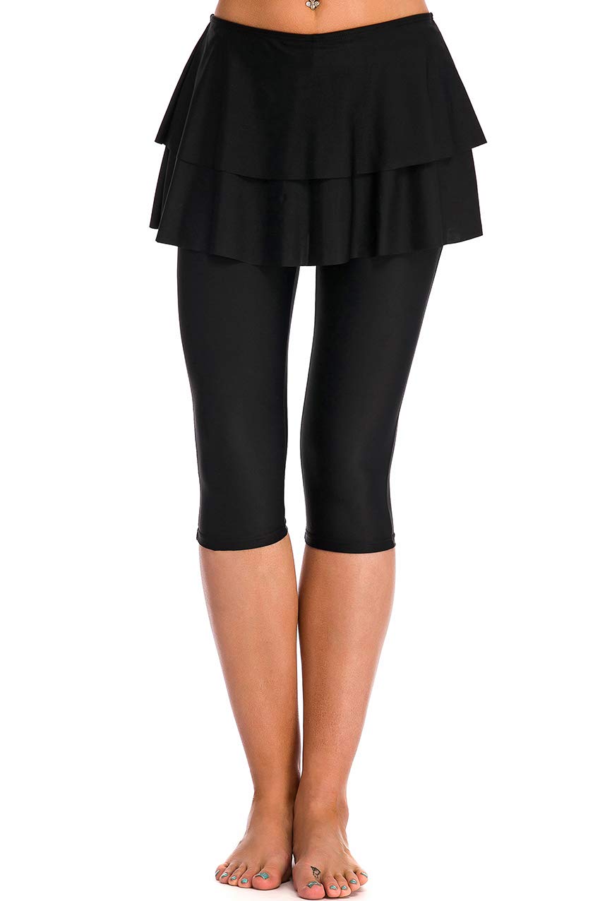 Women's Skirted Swim Capris with Layered Ruffle - Quick-Dry Swim Leggings & Skirt Combo for Beach, Pool & Water Aerobics | UPF 50+ Sun Protection