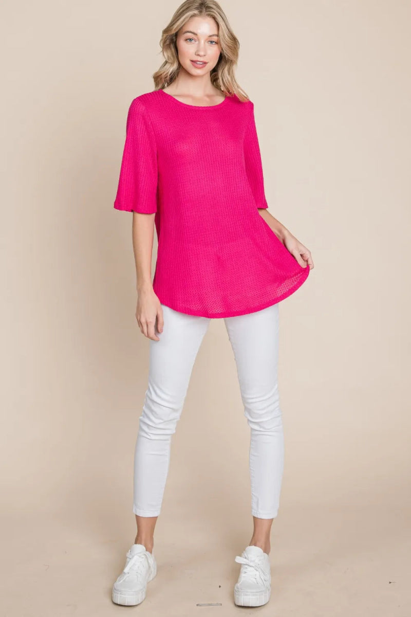 BOMBOM Women's Round Neck Waffle Knit T-Shirt - Soft Casual Short Sleeve Tee for Everyday Wear | Perfect for Work, Weekend & Travel Outfits
