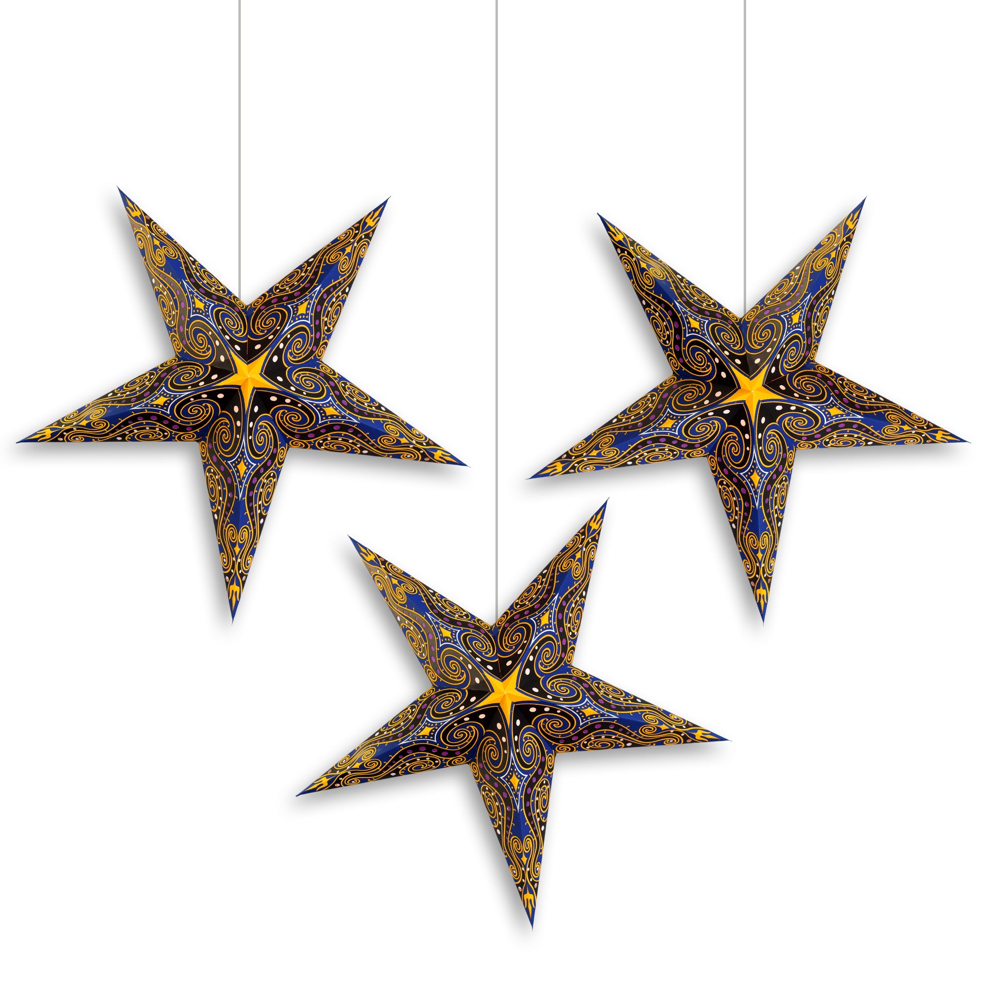 3 Pack 24 Inch Paper Star Lanterns - Blue & Yellow Astral Wind Hanging Decor with Triple Pendant Lights | Perfect for Bedroom, Nursery, Party & Wedding Decorations