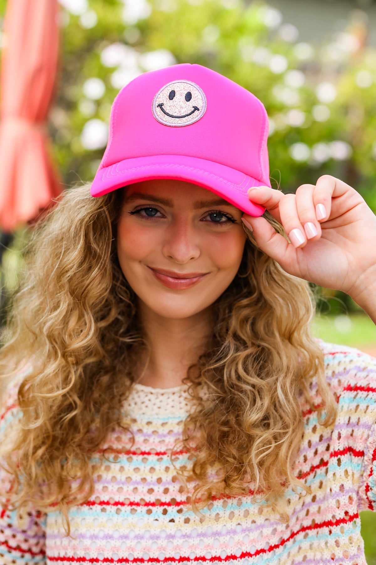 Neon Pink Glitter Smiley Face Mesh Trucker Hat - Trendy Unisex Baseball Cap for Women & Men - Perfect for Festivals, Concerts, Raves & Summer Outfits