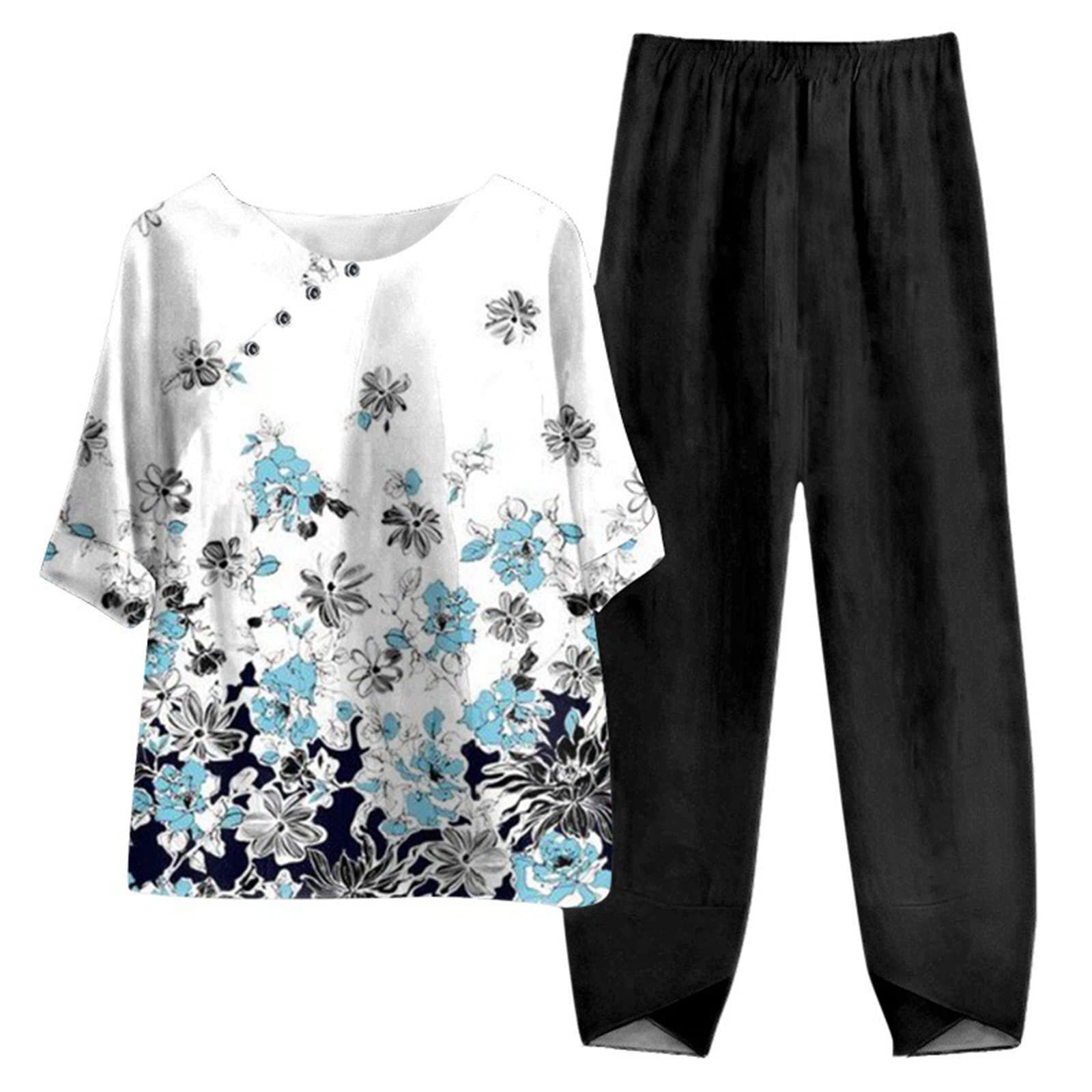 Women's Summer Linen Outfits - 2 Piece Lounge Set with Half Sleeve T-Shirt & Cotton Linen Pants - Plus Size Vacation Wear for Beach, Travel & Casual Comfort