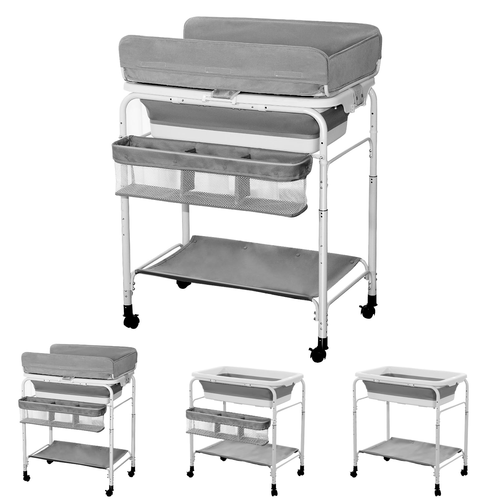 2-in-1 Portable Baby Changing Table with Bathtub | Foldable Diaper Changing Station with Wheels | Height Adjustable for Newborns & Infants | Perfect for Nursery, Travel & Bath Time Convenience