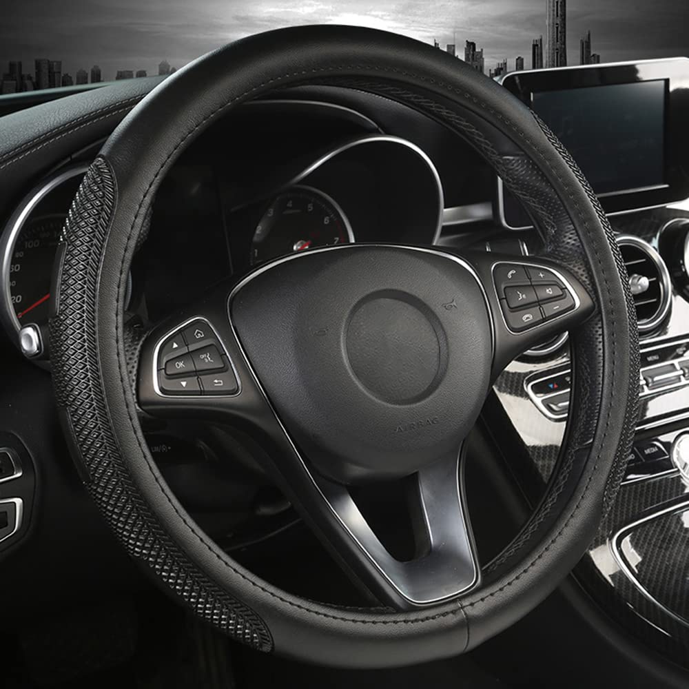 Universal 15 Inch Leather Steering Wheel Cover - Non-Slip Sport Grip for Enhanced Driving Control (Black) | Perfect for Cars, Trucks & SUVs - Improves Comfort & Safety During Long Drives