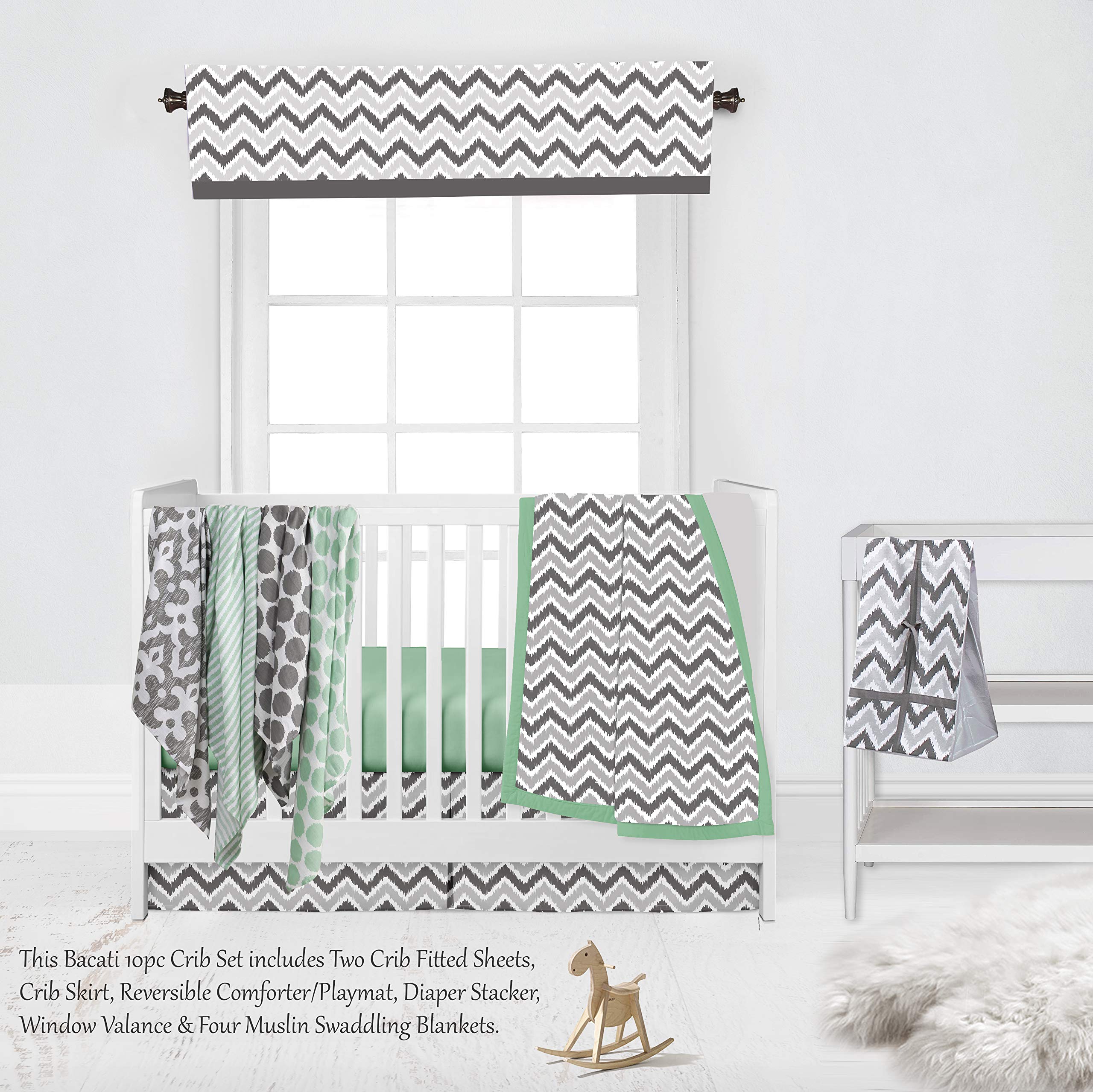 Bacati 10-Piece Neutral Crib Set with 4 Muslin Swaddling Blankets - Mint & Grey Ikat Chevron Pattern for Standard US Crib | Soft Baby Bedding for Nursery, Swaddle Newborns & Toddler Sleep Comfort