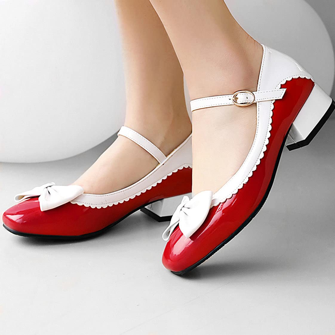 BEAUPAS Women's Low Heel Mary Jane Pumps - Patent Leather Ankle Strap Flats with Bow Buckle | Cute & Comfortable Dress Shoes for Work, Party, Wedding & Daily Wear