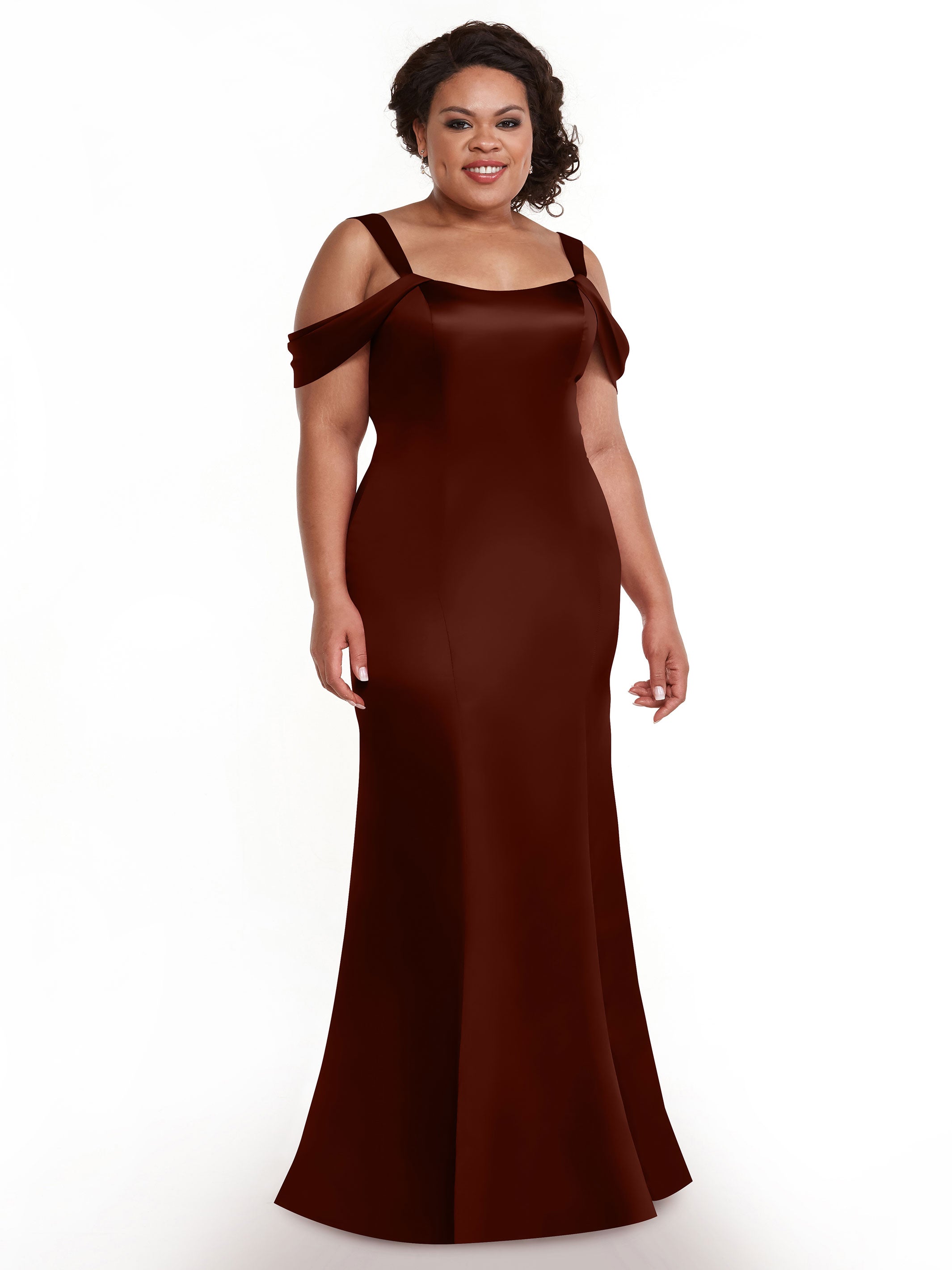 Elegant 80151 Fitted Satin Bridesmaid Dress with Off-The-Shoulder Sleeves - Perfect for Weddings, Formal Events & Special Occasions