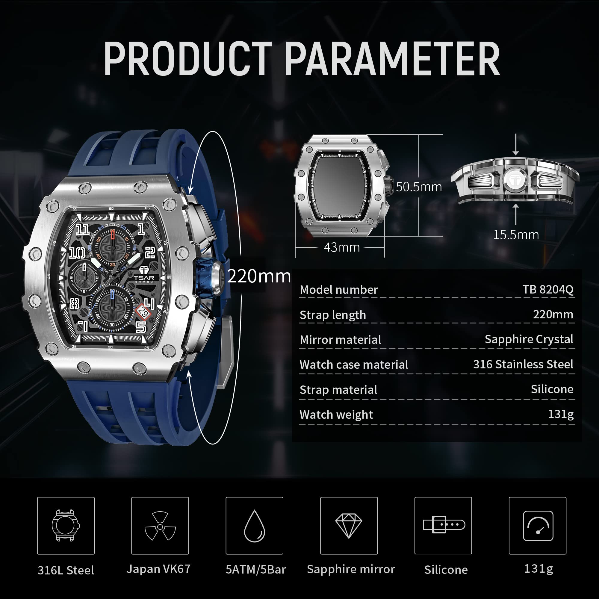 Luxury Men's Watch - 50M Waterproof Japanese Quartz Movement, Tonneau Stainless Steel Case, Sapphire Glass with Chronograph & Date Function - Cool Unique Fashion Gift for Men - Perfect for Business, Formal Events & Everyday Wear